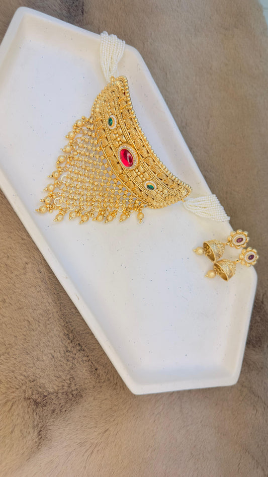 Royal Rajwadi Antique Gold Mesh Choker Necklace Set with Kemp Stones & Pearls