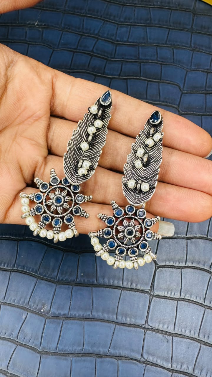 Oxidised Feather Pearl Earrings – Ethnic Statement Earrings for Women