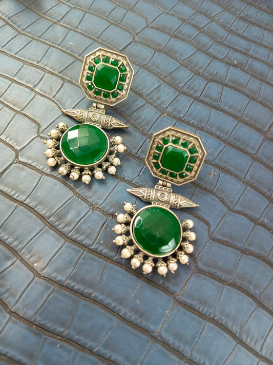 Oxidised Pink Round Drop Earrings – Antique Silver Statement Jhumkas