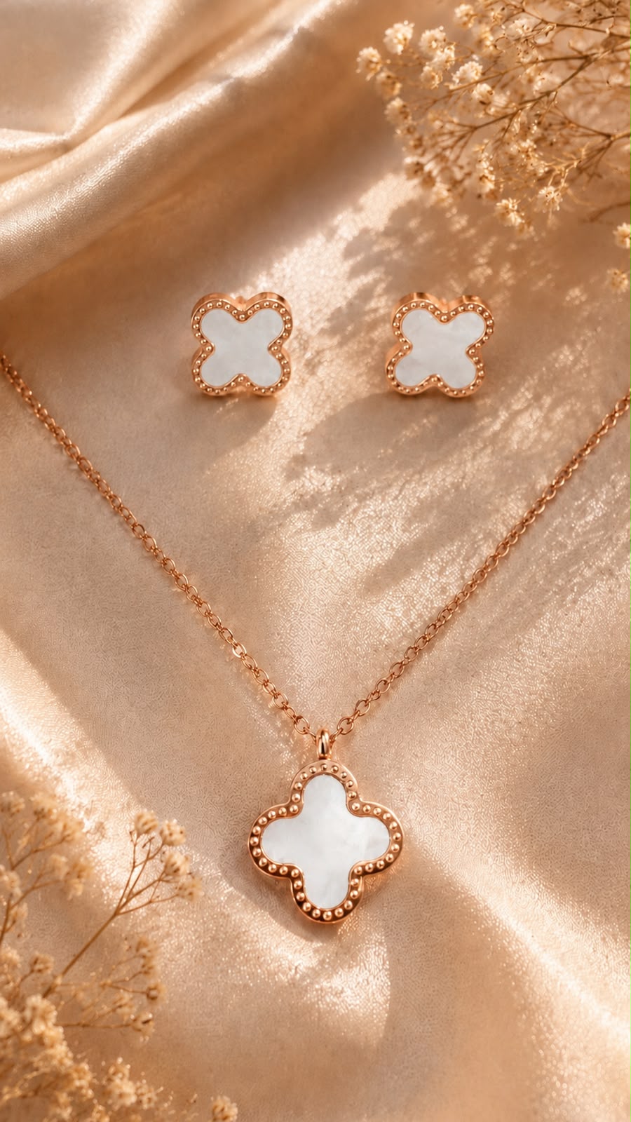 Black Clover Pendant Necklace Set – Earrings & Pendant Combo for Women