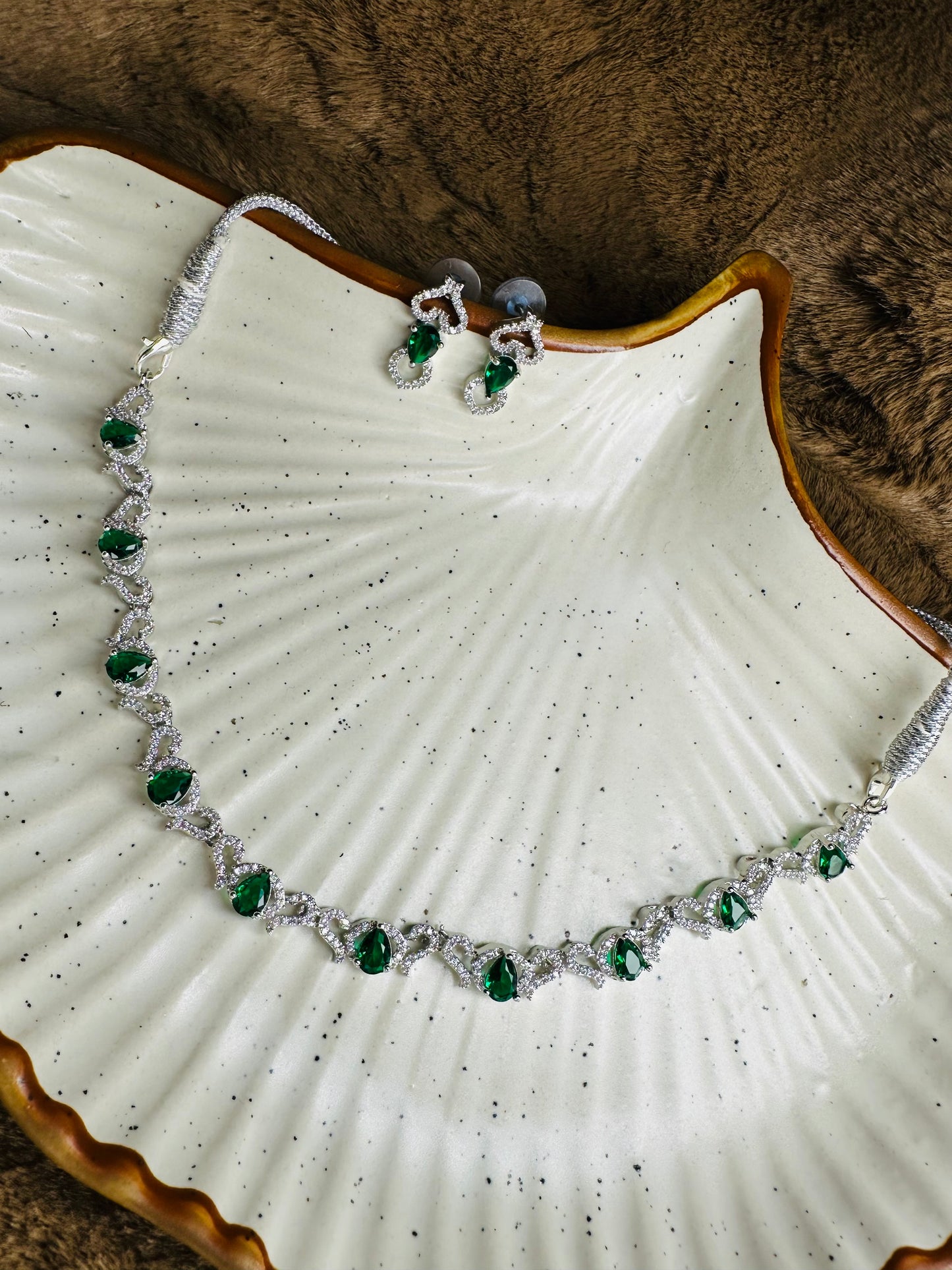 Close-up Detailing of HeyBae AD Necklace & Earrings with Clear Diamond Finish
