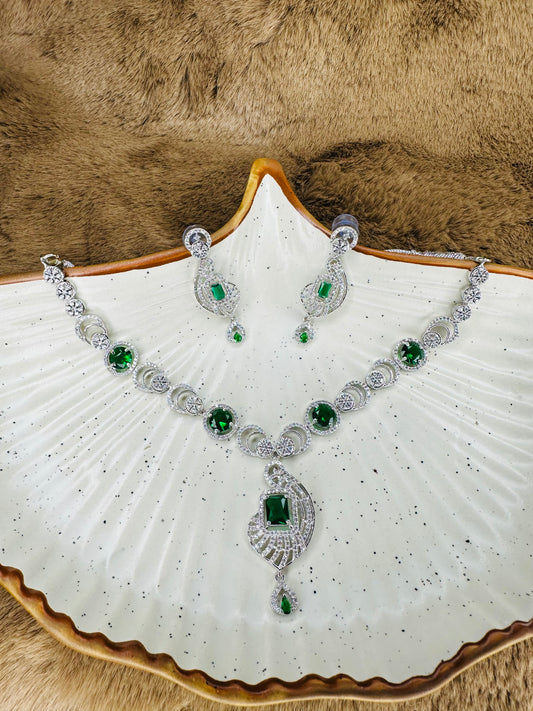 Close-up Detailing of HeyBae AD Necklace & Earrings with Sapphire and Emerald Stones