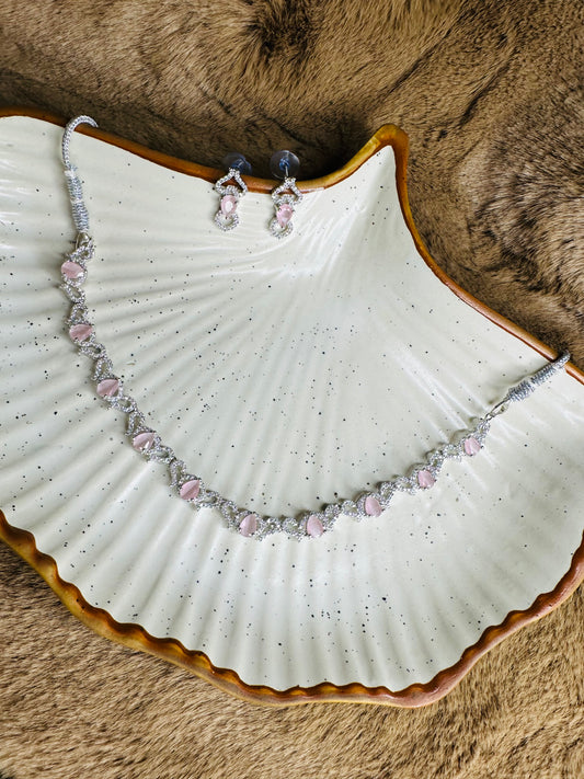 Model Wearing HeyBae AD Necklace & Earrings Set with Red and Green Stones