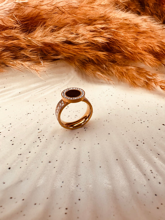 Close-up of HeyBae AD Studded Anti-Tarnish Ring with sparkling American Diamond stones