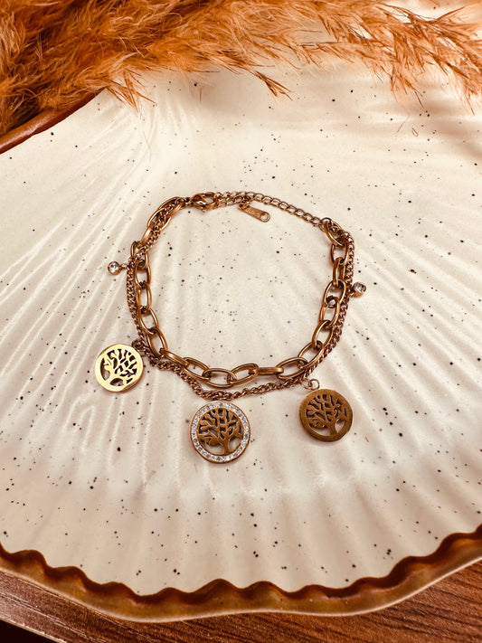Adjustable stainless steel gold bracelet with harmony tree charm