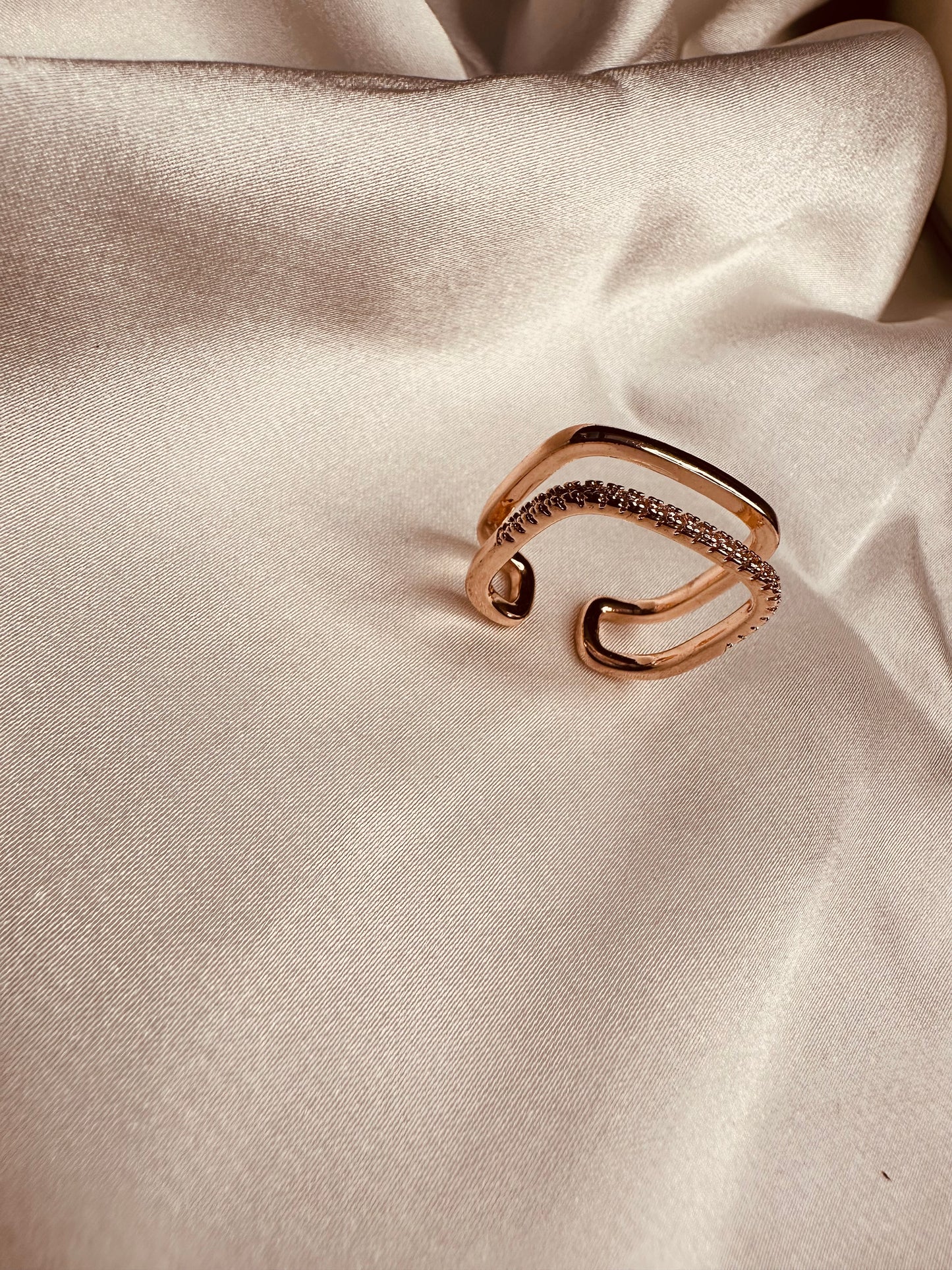 Side view of HeyBae Anti-Tarnish Adjustable AD Studded Ring โ sleek stainless steel band with American Diamond sparkle