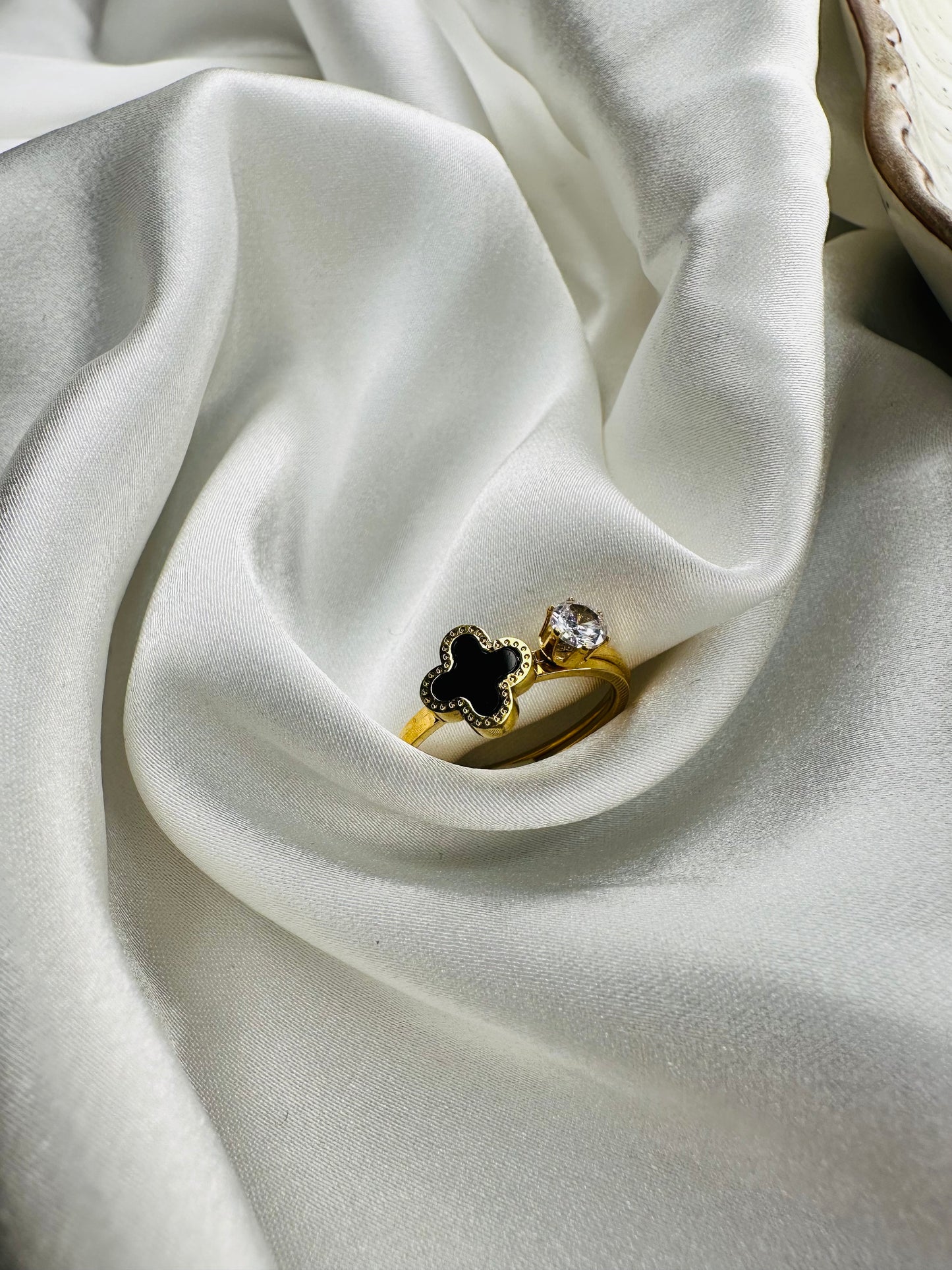 HeyBae Anti-Tarnish Clover and Solitaire Ring Combo Set in gold stainless steel β elegant womenβs fashion jewelry