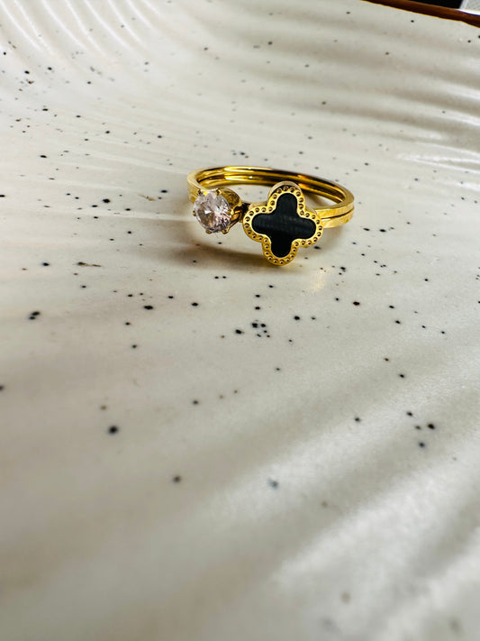 Stylish gold clover and solitaire adjustable rings for women by HeyBae