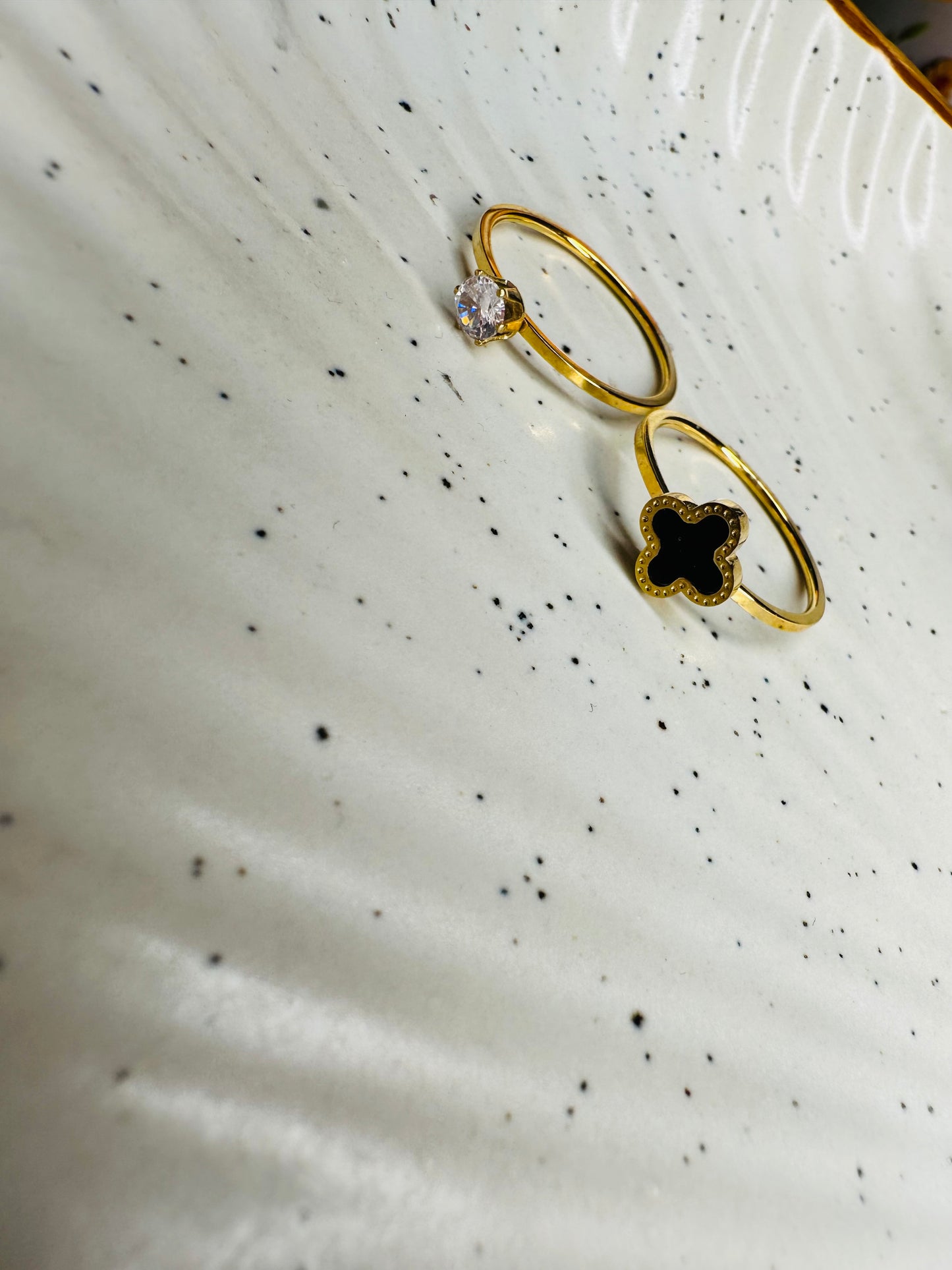 Elegant HeyBae Clover & Solitaire combo set in gold stainless steel, anti-tarnish jewelry