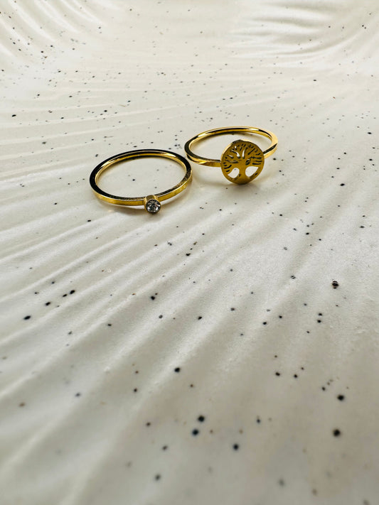 Stylish HeyBae Gold Clover & Solitaire Ring Combo – Stainless Steel Jewelry