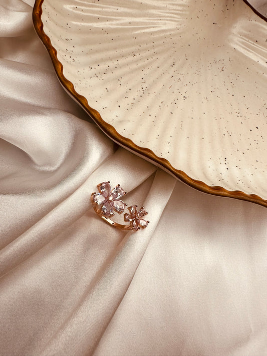 Close-up of Anti-Tarnish American Diamond Flower Ring in rose gold for women