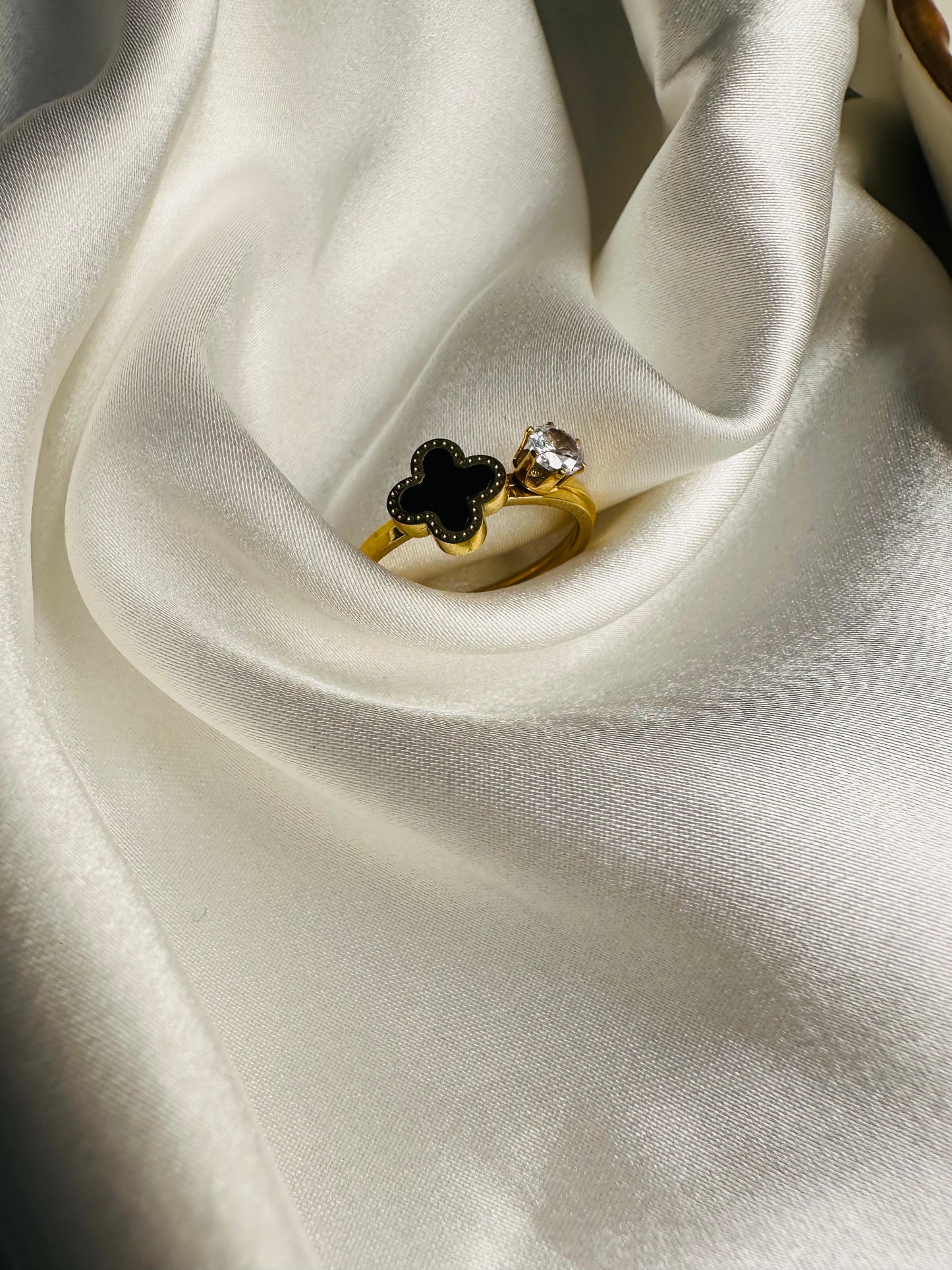 Stylish Clover and Solitaire adjustable gold ring combo for women by HeyBae