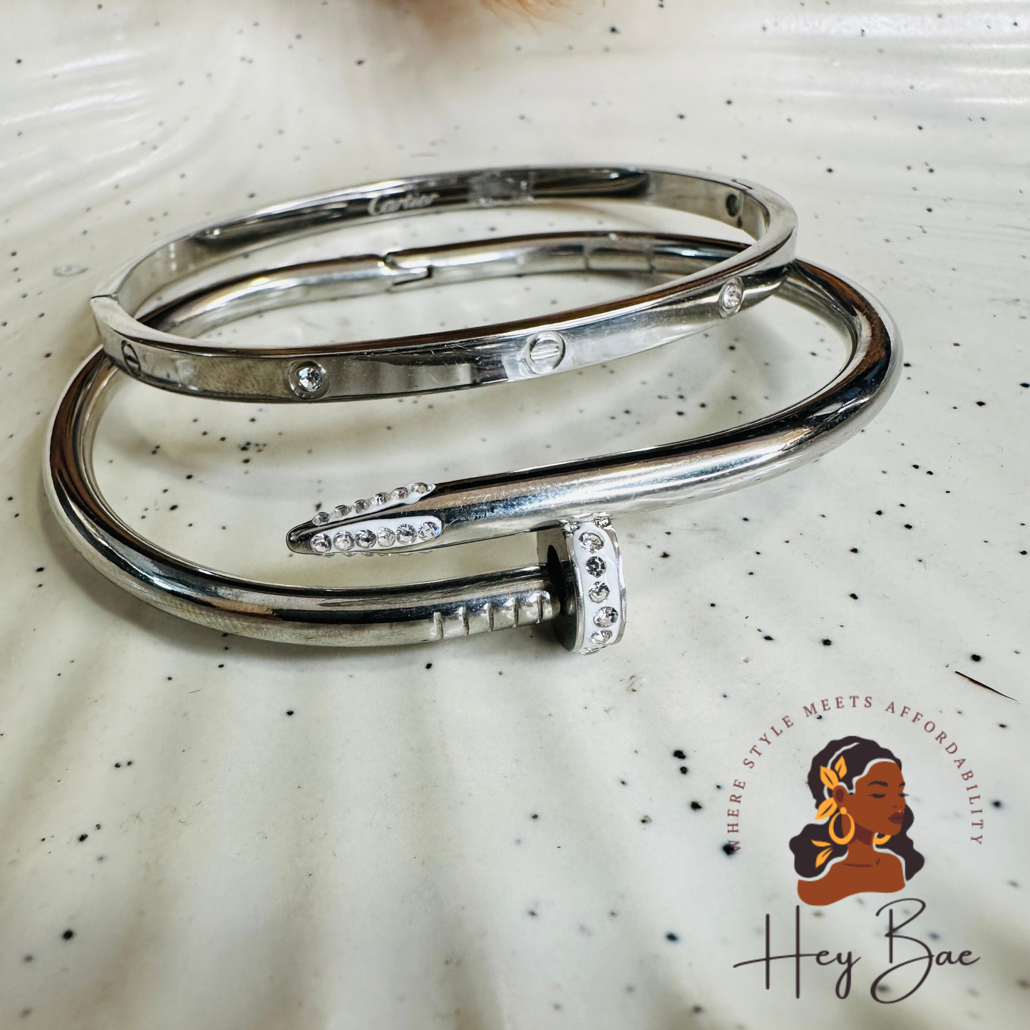 HeyBae Anti-Tarnish Love Band & Nail Cuff Bracelets worn as a stack