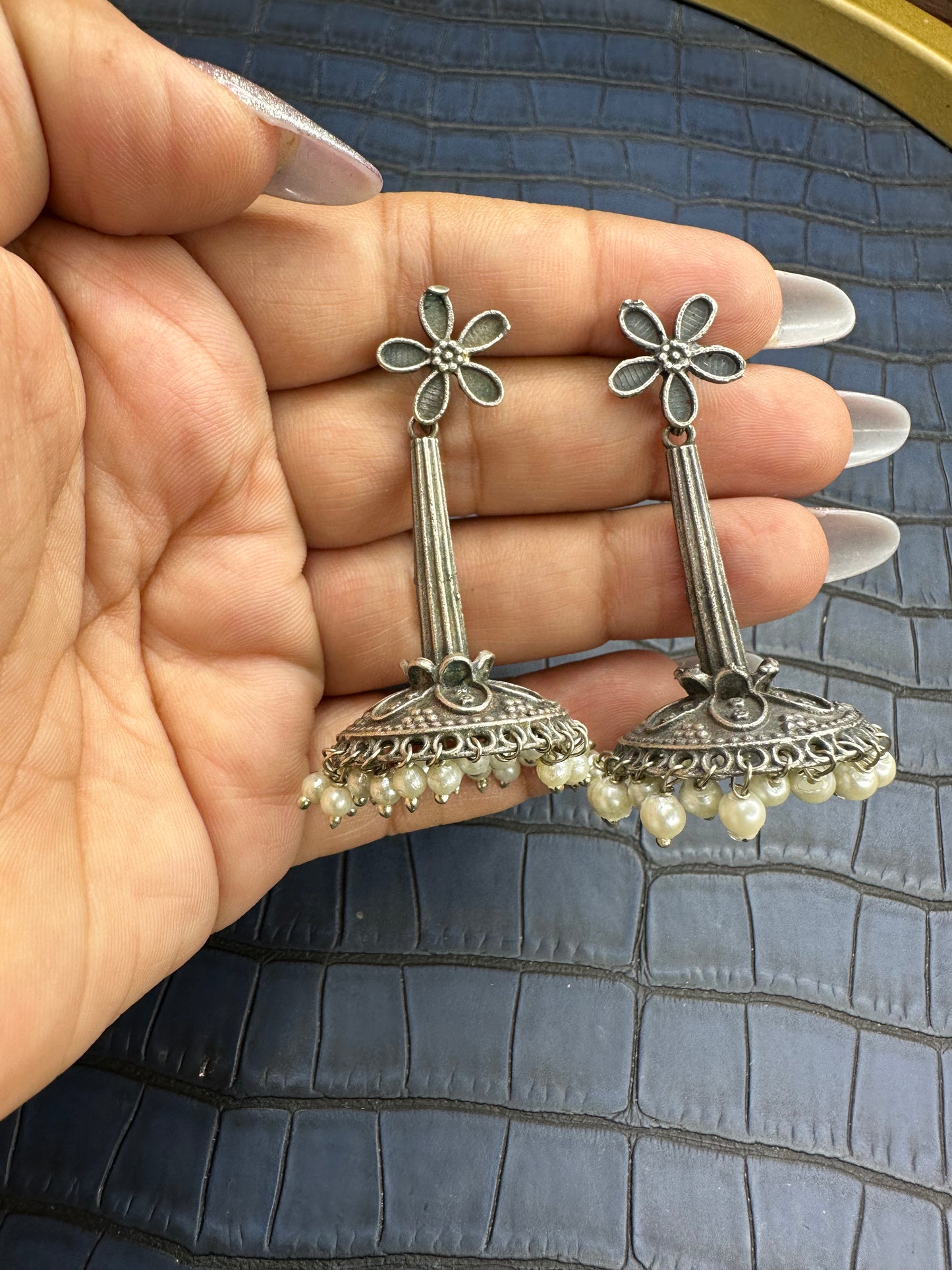 Side Angle Detailing of HeyBae Big Oxidised Statement Earrings