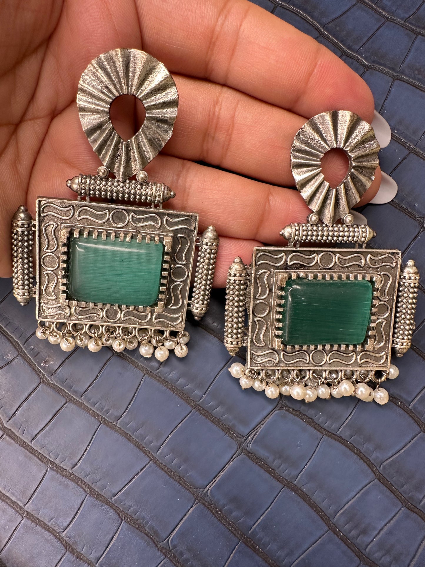 Woman Wearing HeyBae Big Oxidised Earrings Styled for Festive Look