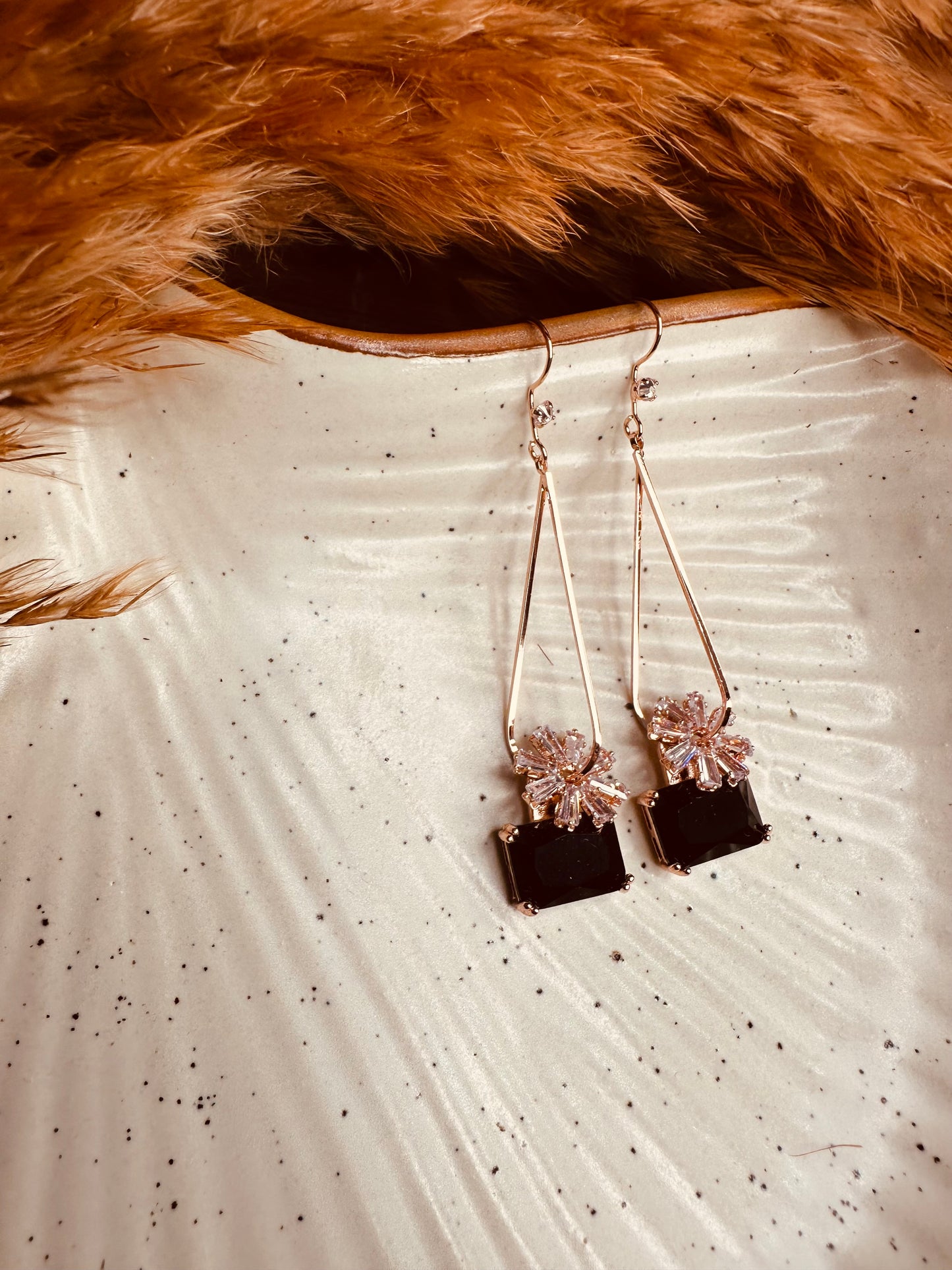 Close-up Detailing of HeyBae Anti-Tarnish Black Crystal Dangler Earrings