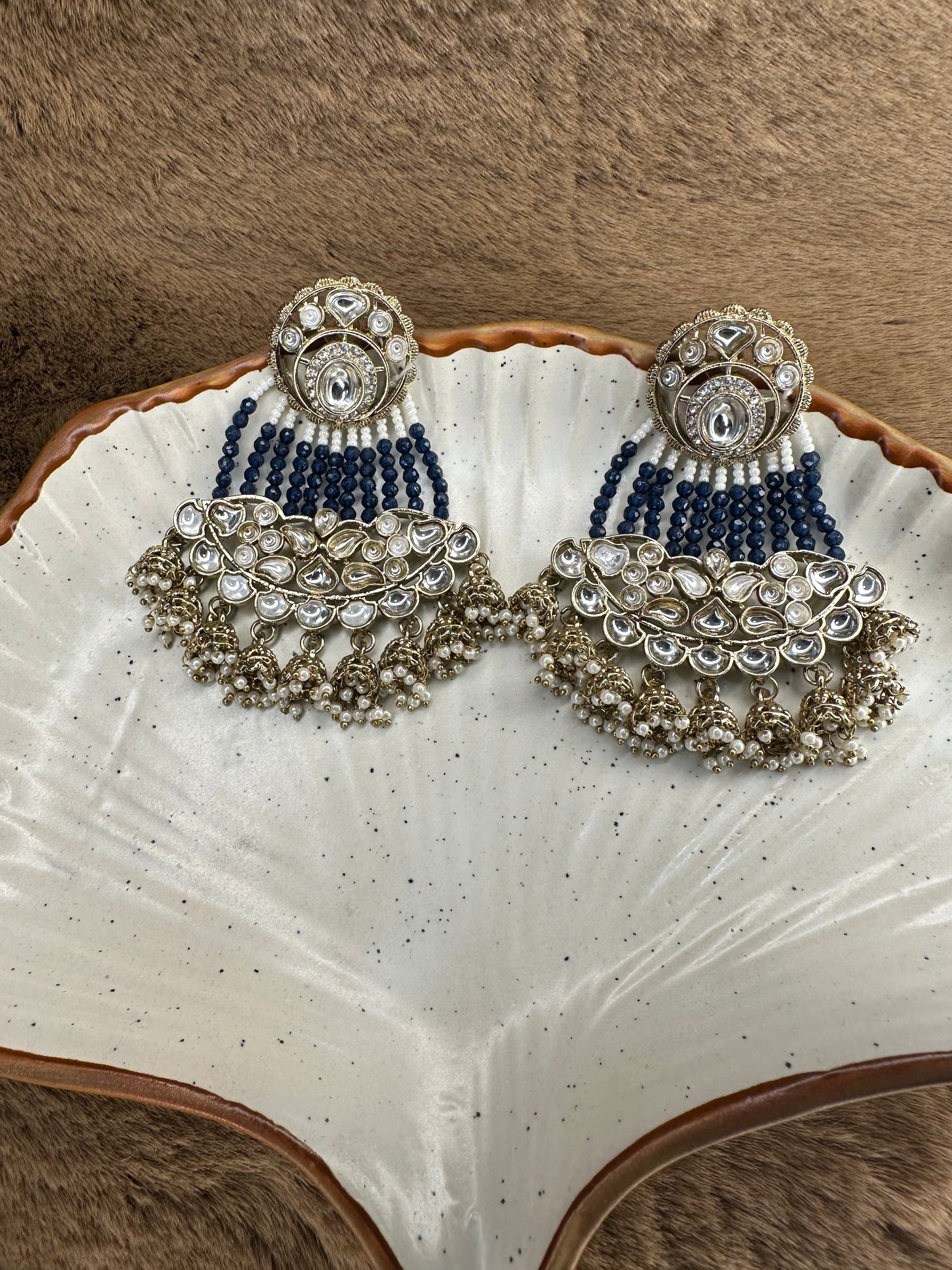 Model styling HeyBae Blue Bead and Pearl Kundan Ethnic Earrings