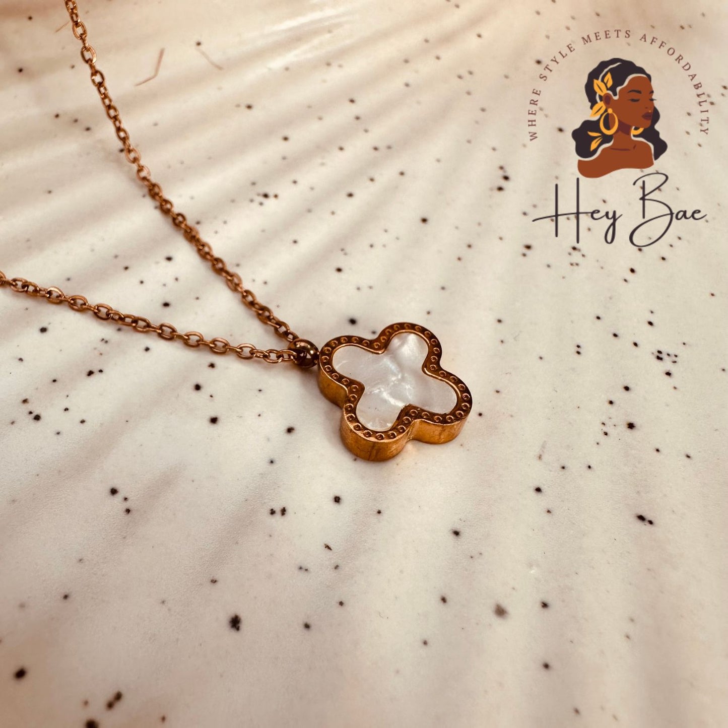 Model wearing HeyBae Stainless Steel Clover Pendant Necklace