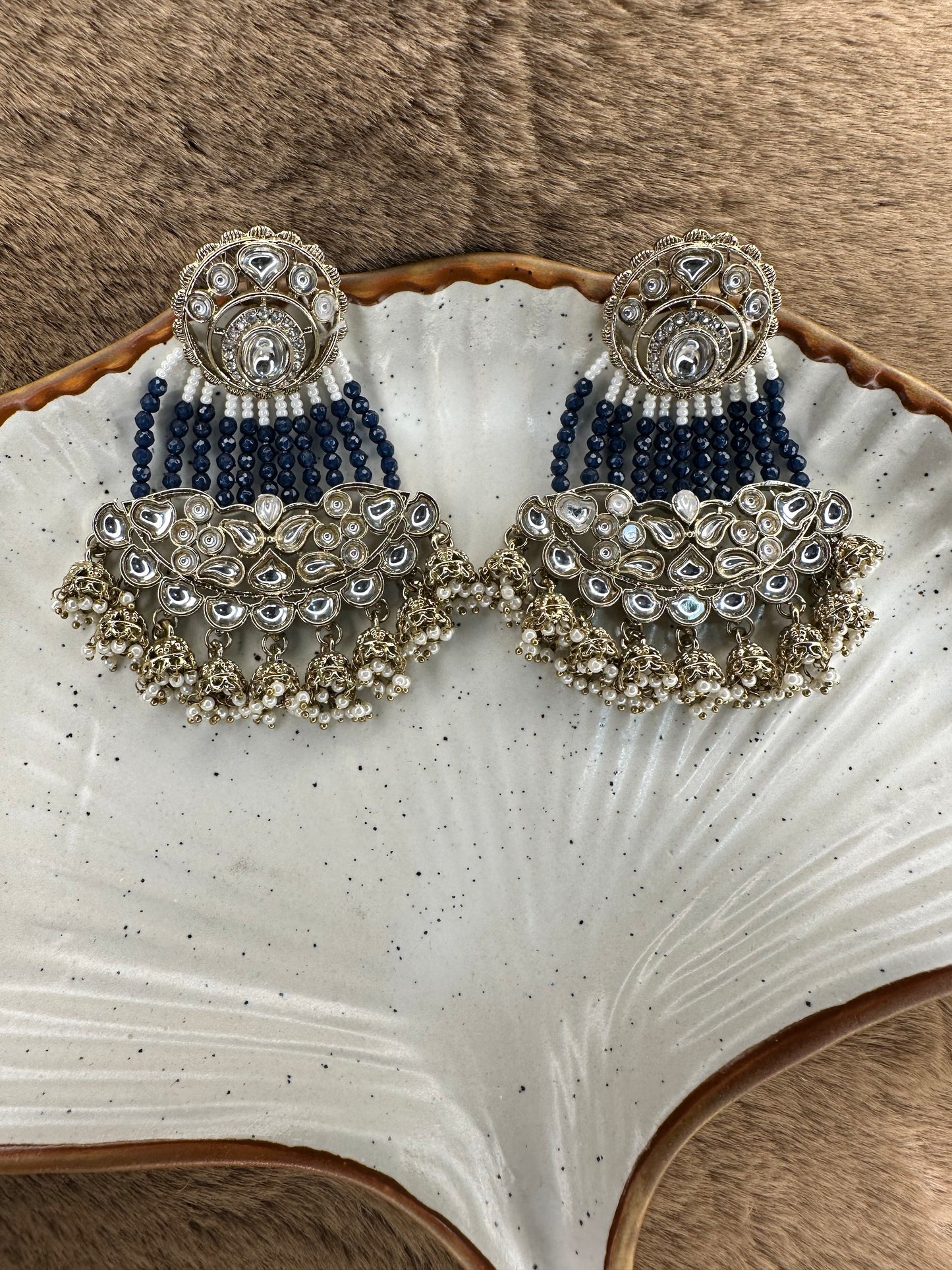 HeyBae Blue Bead and Pearl Kundan Ethnic Earrings in gift box