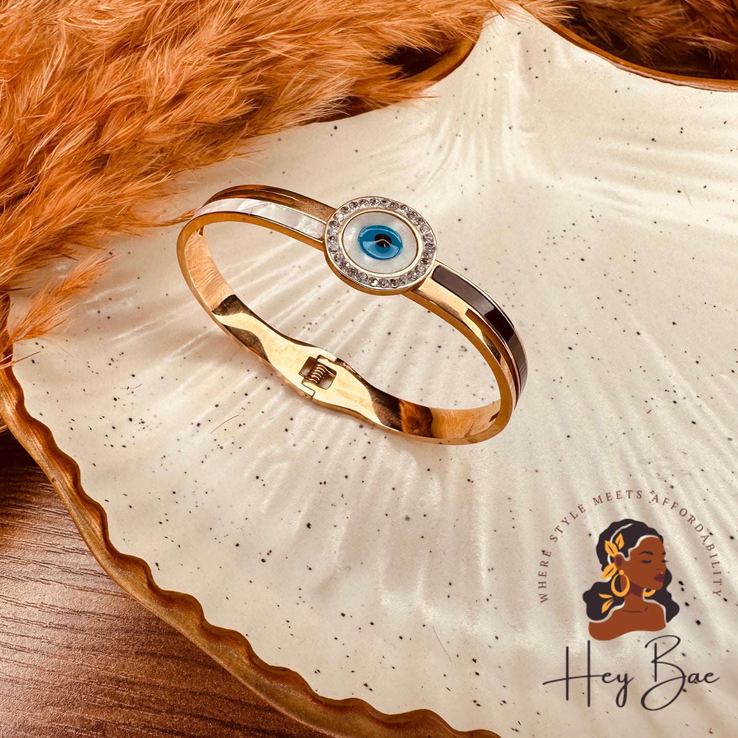 Close-up of HeyBae Anti-Tarnish Evil Eye Bracelet with protective charm detailing