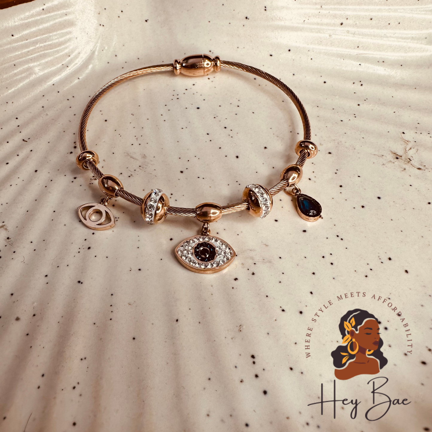 HeyBae Anti-Tarnish Evil Eye Bangle – Rose Gold Magnetic Bracelet styled for everyday elegance