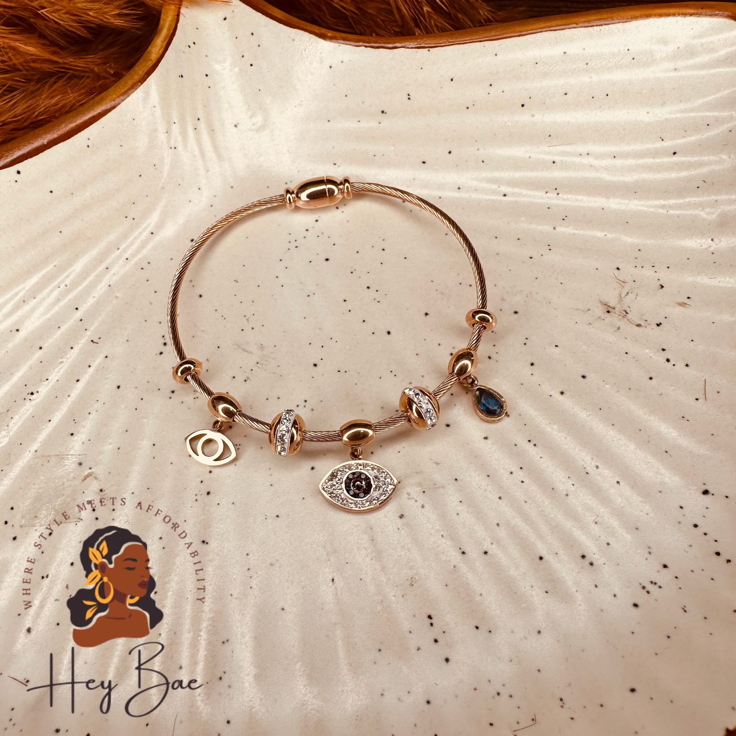 HeyBae Rose Gold Evil Eye Bangle in premium HeyBae gift box – perfect for birthdays & anniversaries