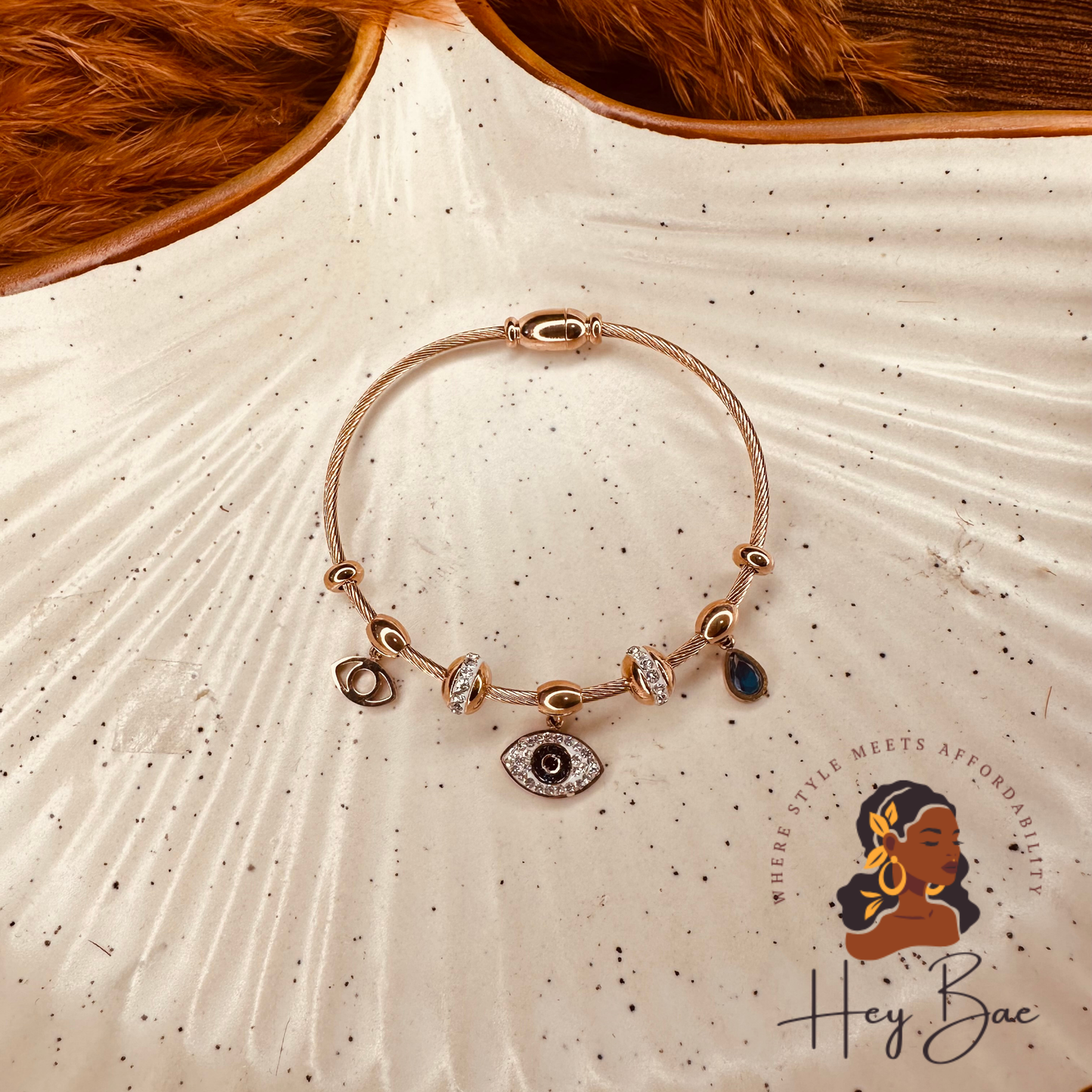 HeyBae Evil Eye Rose Gold Bangle Bracelet in premium gift-ready HeyBae jewelry box