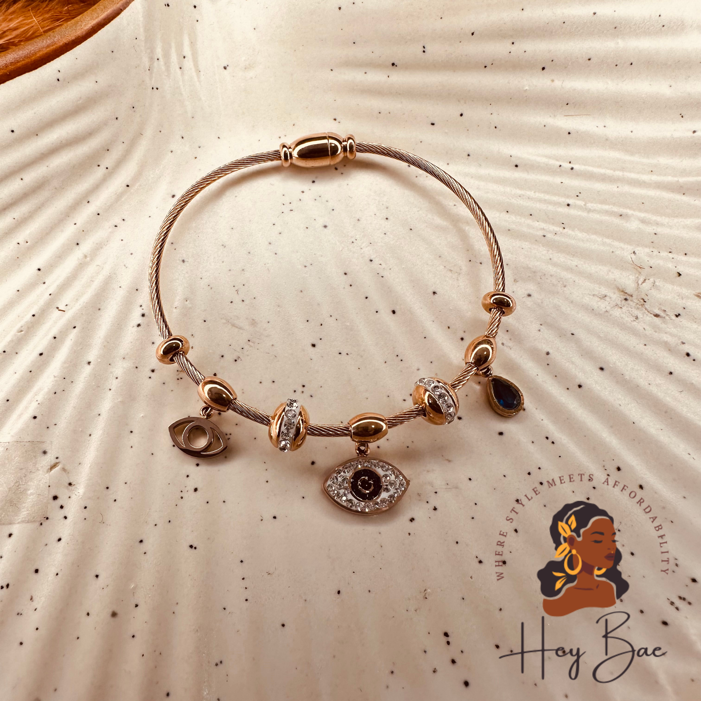 HeyBae Anti-Tarnish Evil Eye Bracelet with rose gold shine and crystal charm detail
