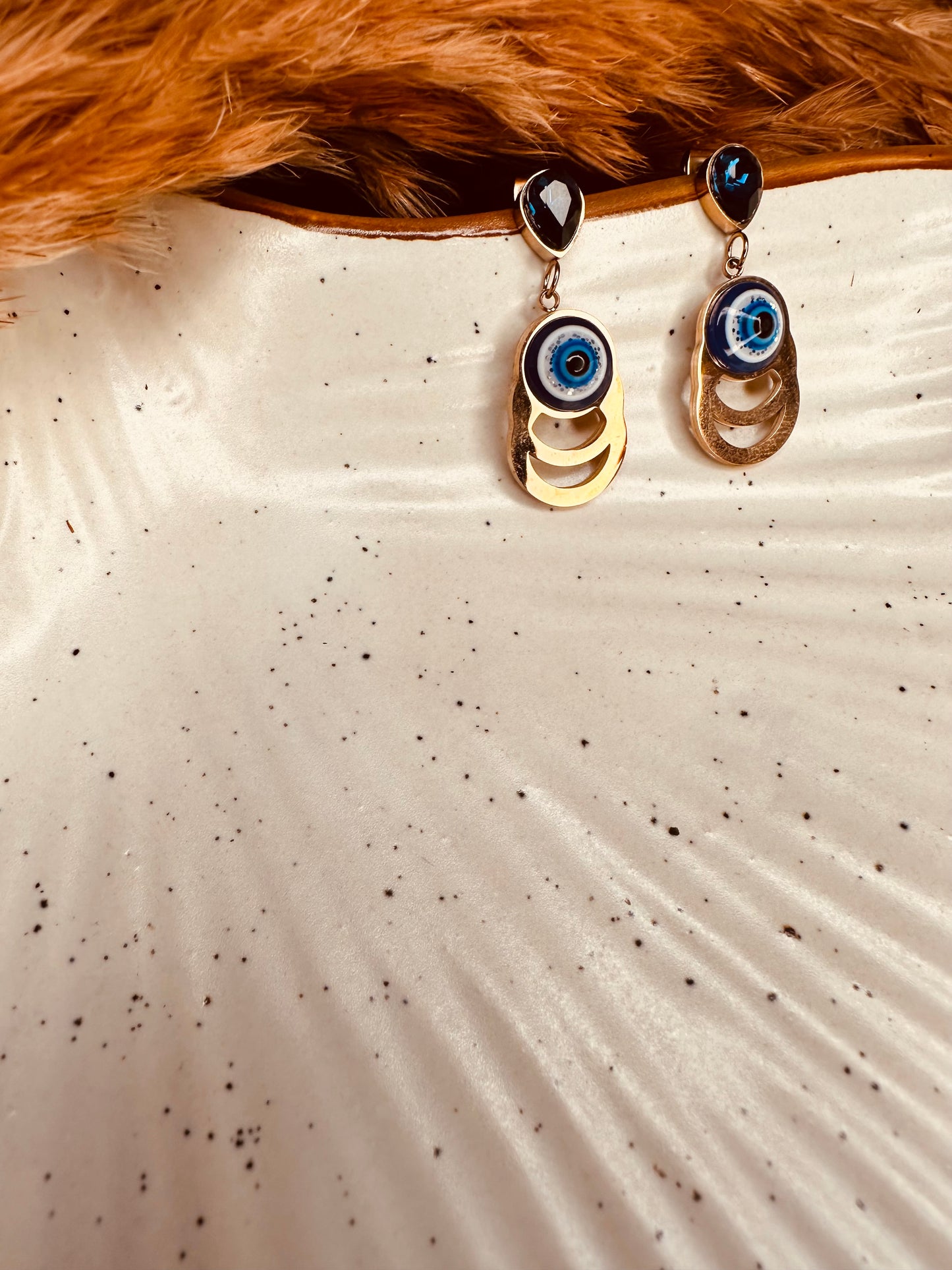 Model Wearing HeyBae Anti-Tarnish Evil Eye Stainless Steel Earrings