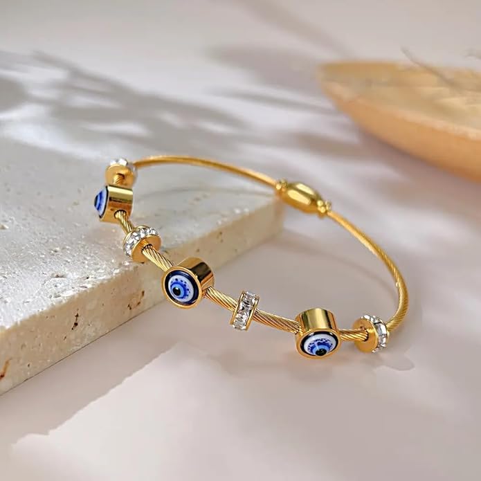 Close-up of HeyBae Evil Eye Bracelet with protective charm detailing