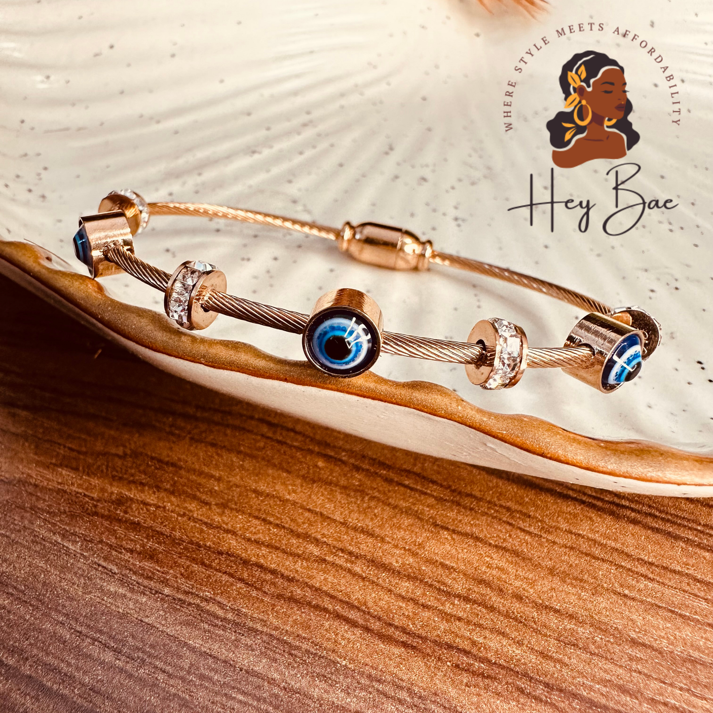 HeyBae Anti-Tarnish Evil Eye Rose Gold Bangle – Magnetic Bracelet for Women