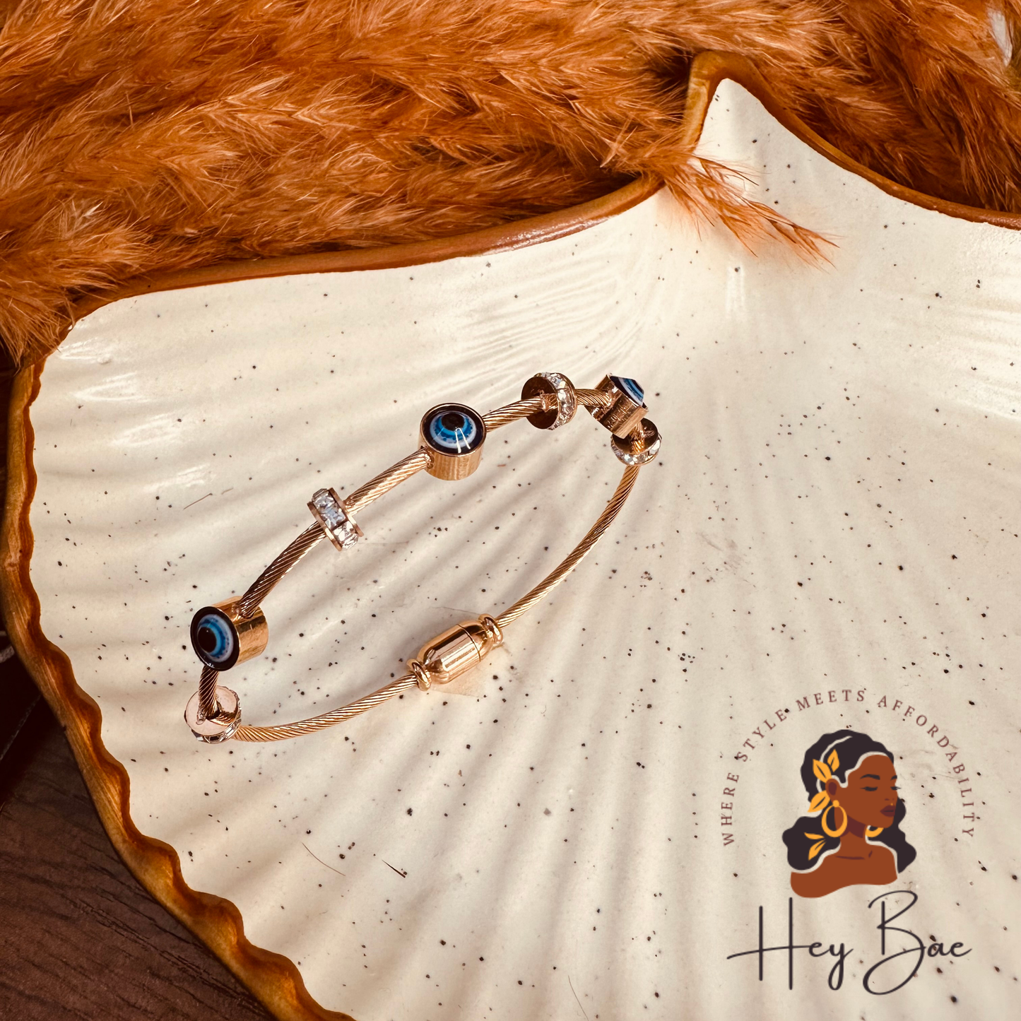 Side angle view of HeyBae Anti-Tarnish Evil Eye Rose Gold Bracelet