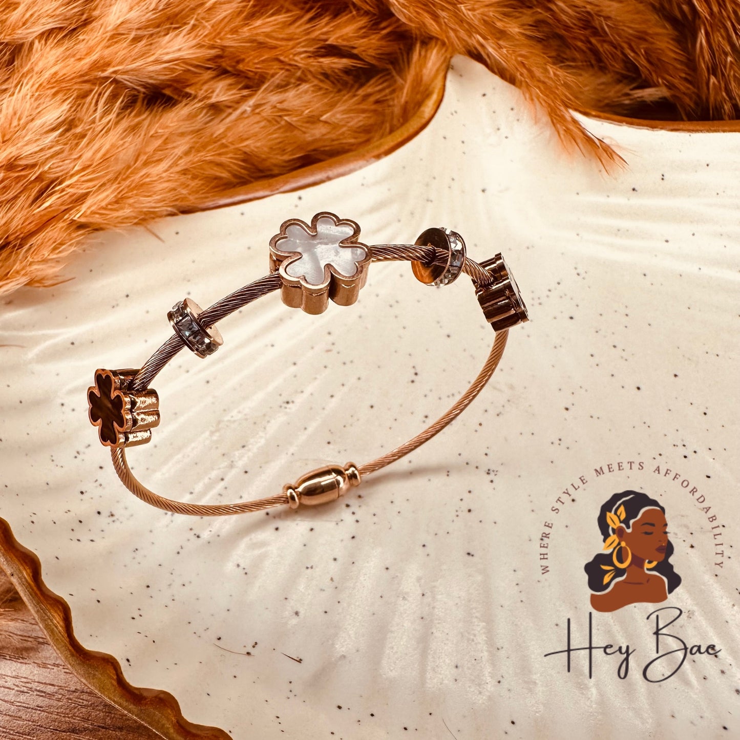 Close-up of HeyBae Flower Magnet Kada with crystal accents and anti-tarnish finish