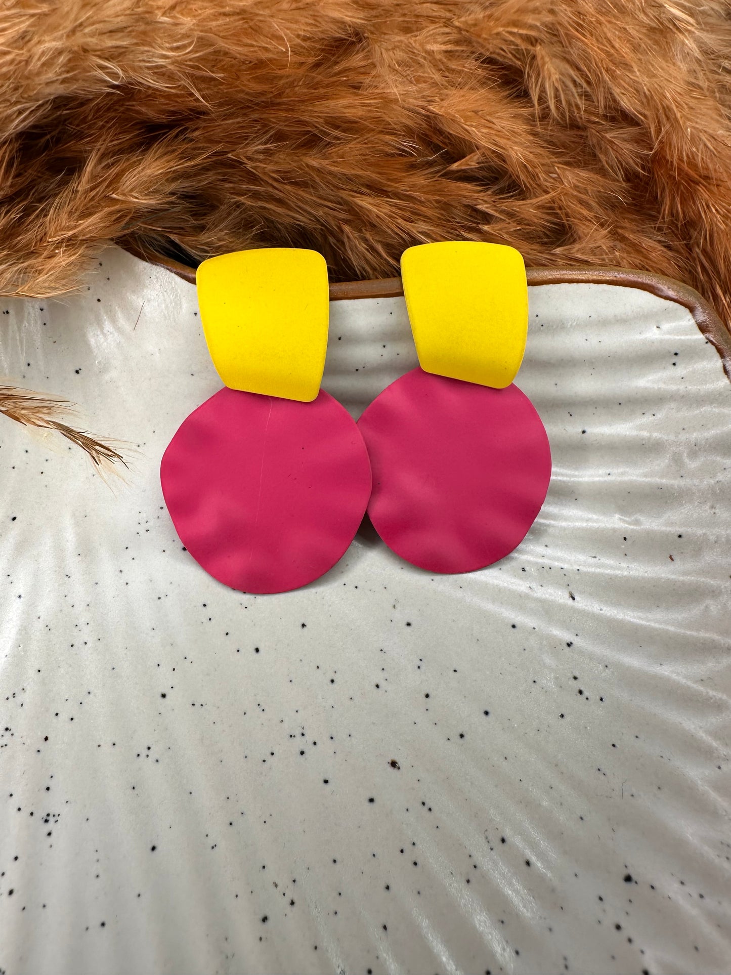 Close-up Detailing of HeyBae Quirky Geometric Earrings in Vibrant Colors