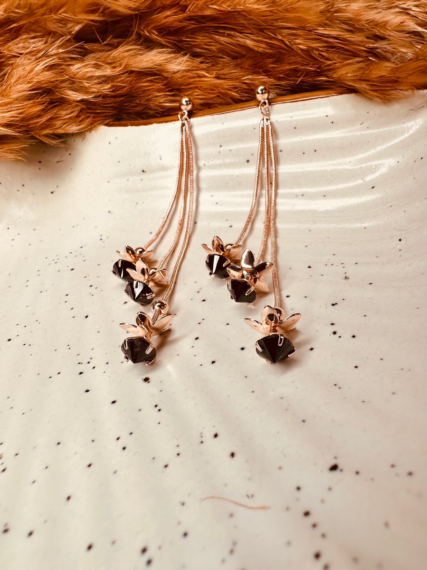 Close-up Detailing of HeyBae Gold Long Thread Dangler Earrings