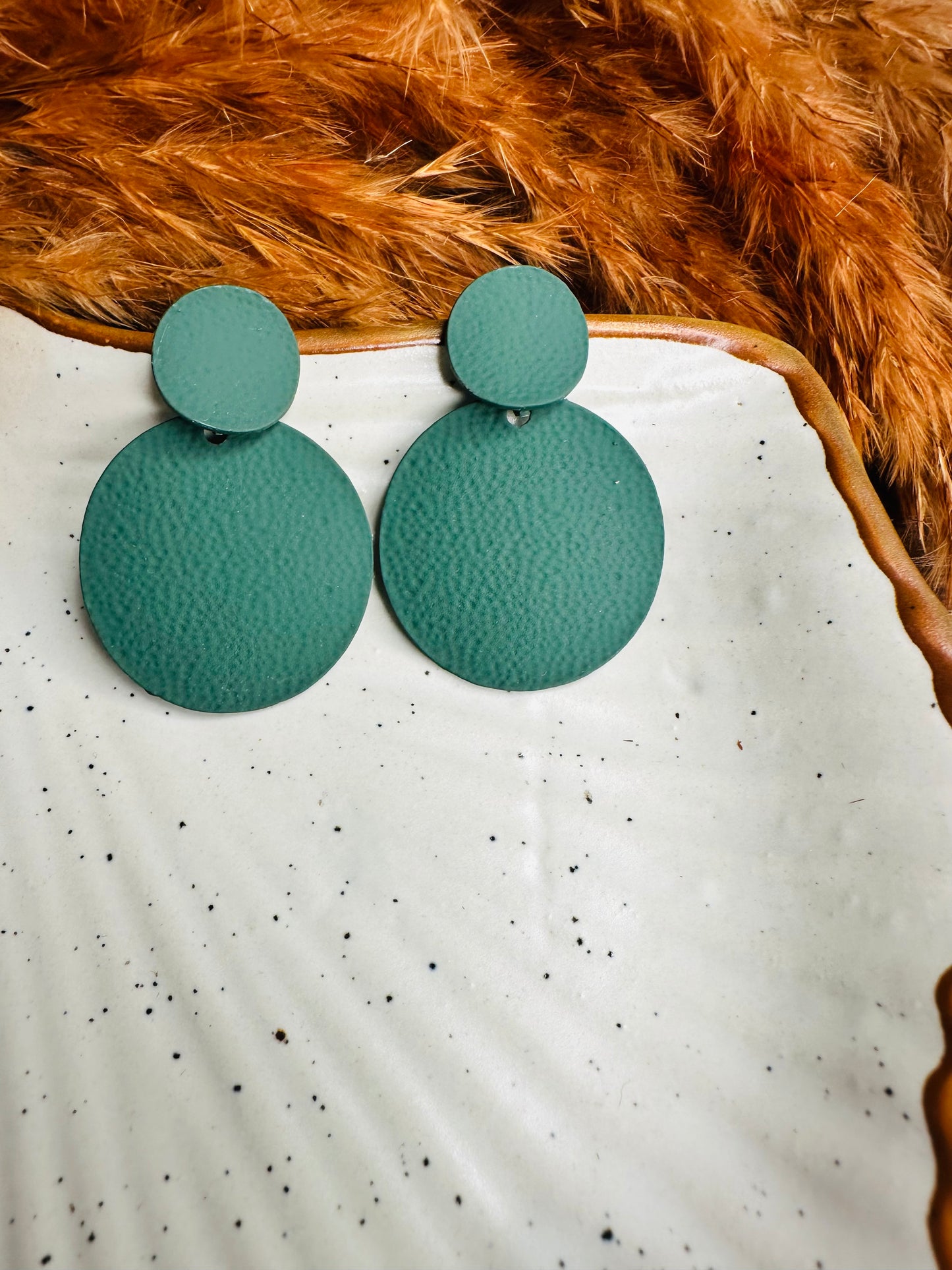 Close-up Detailing of HeyBae Quirky Double Disc Green Earrings with Polished Finish