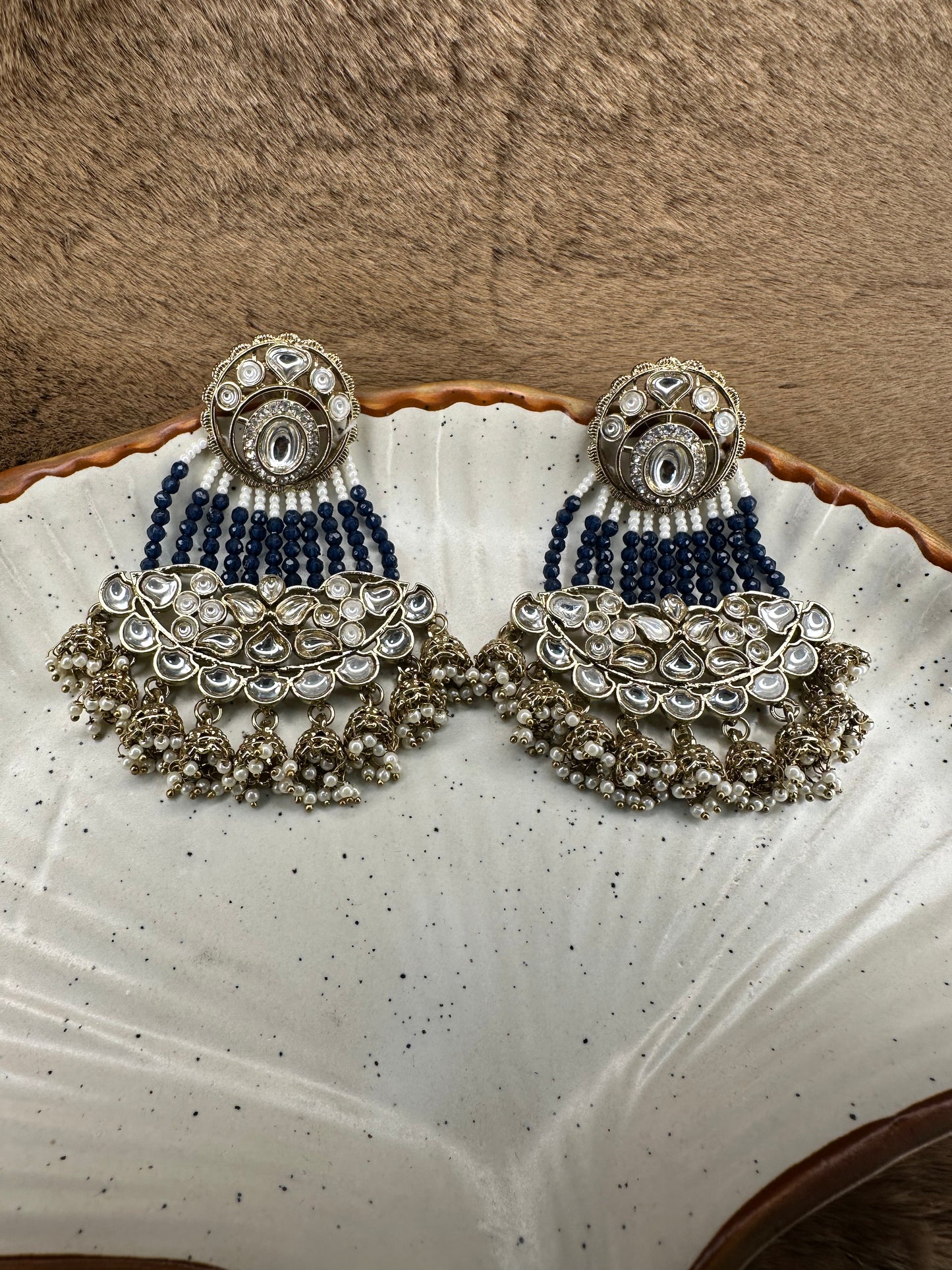 Close-up of HeyBae Blue Bead and Pearl Kundan Earrings with detailing