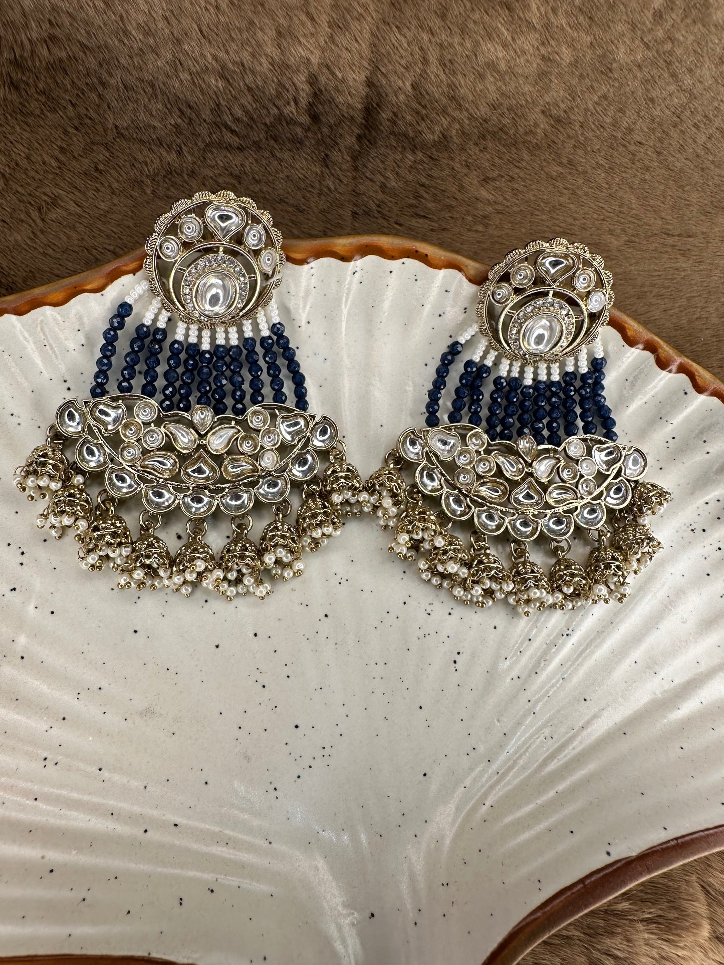 Detailed craftsmanship of HeyBae Blue Bead and Pearl Kundan Earrings