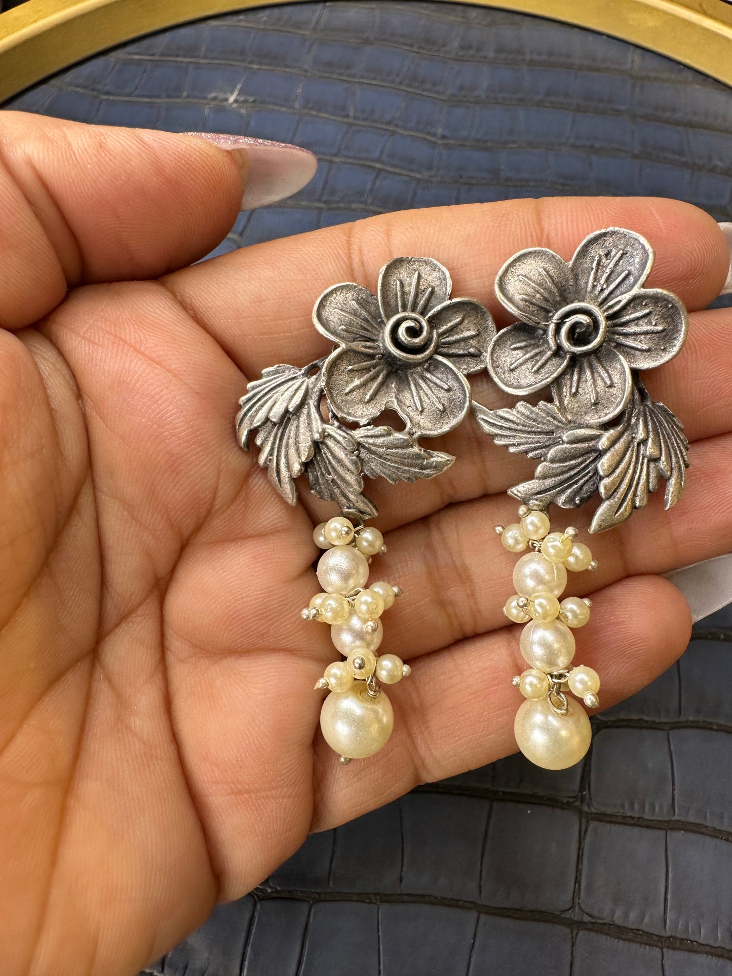 Close Shot of HeyBae Large Oxidised Earrings with Antique Finish