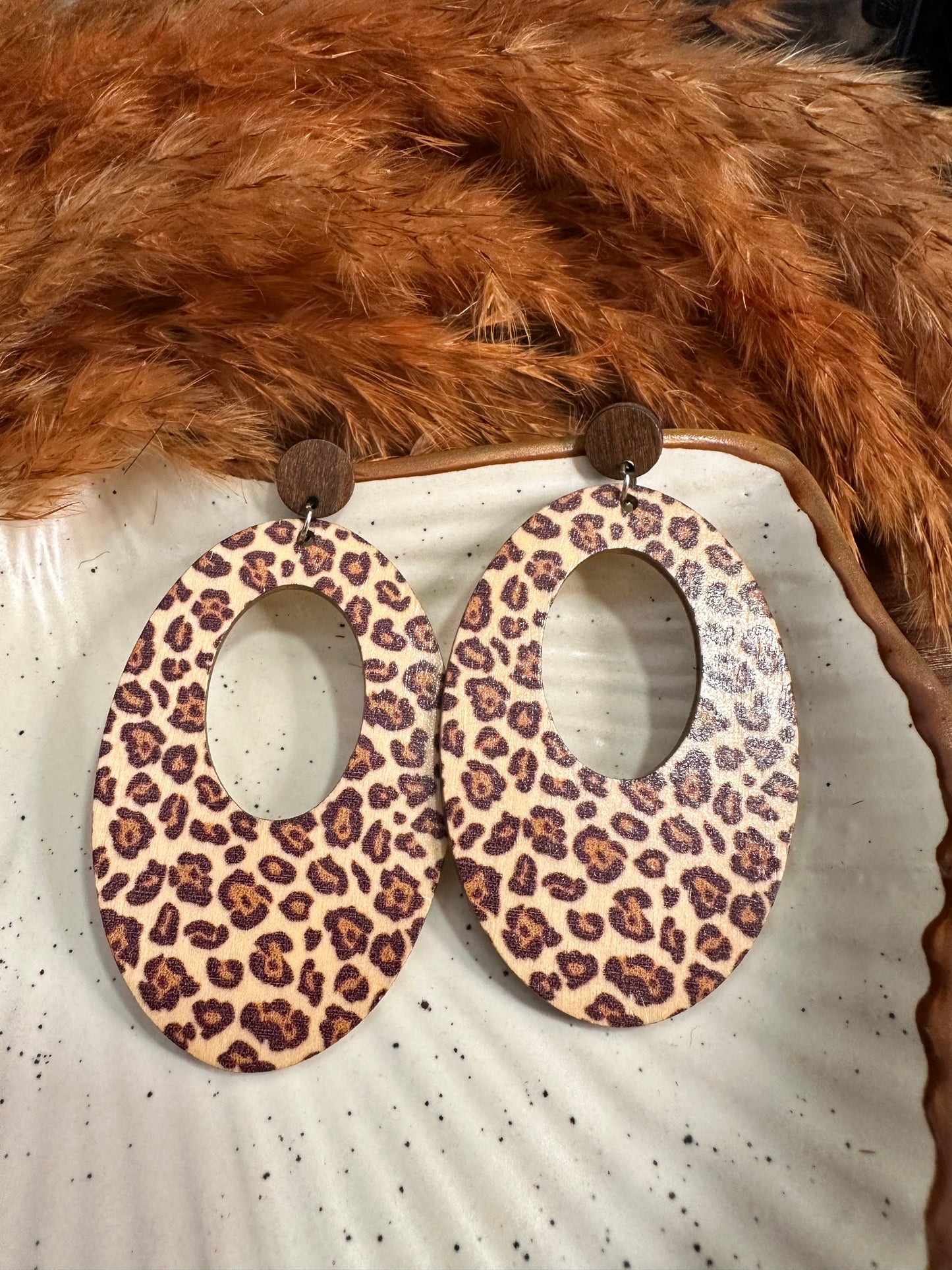 Model Wearing HeyBae Leopard Print Statement Earrings with Trendy Outfit