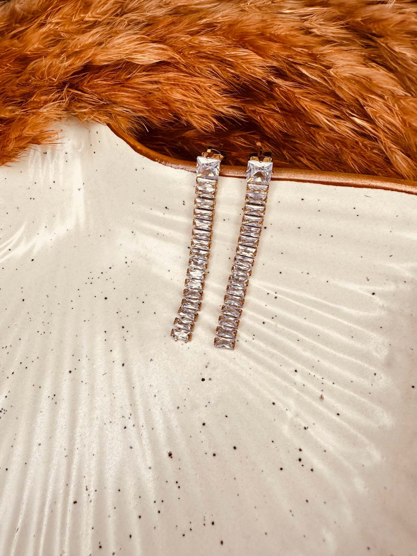 Close-up of HeyBae Anti-Tarnish Long Crystal Dangler Earrings with White & Black Crystals