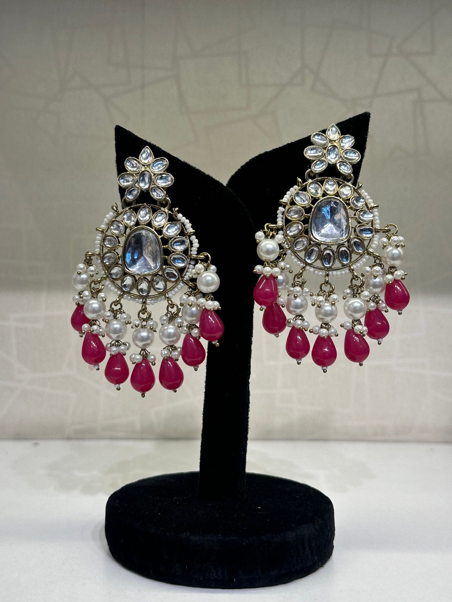 Front View of HeyBae Magenta Bead and Pearl Kundan Earrings – Ethnic Jewelry
