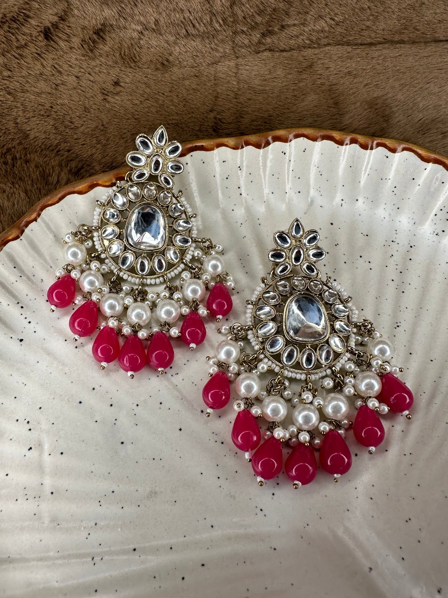 Model Wearing HeyBae Magenta Bead and Pearl Kundan Earrings for Festive Look