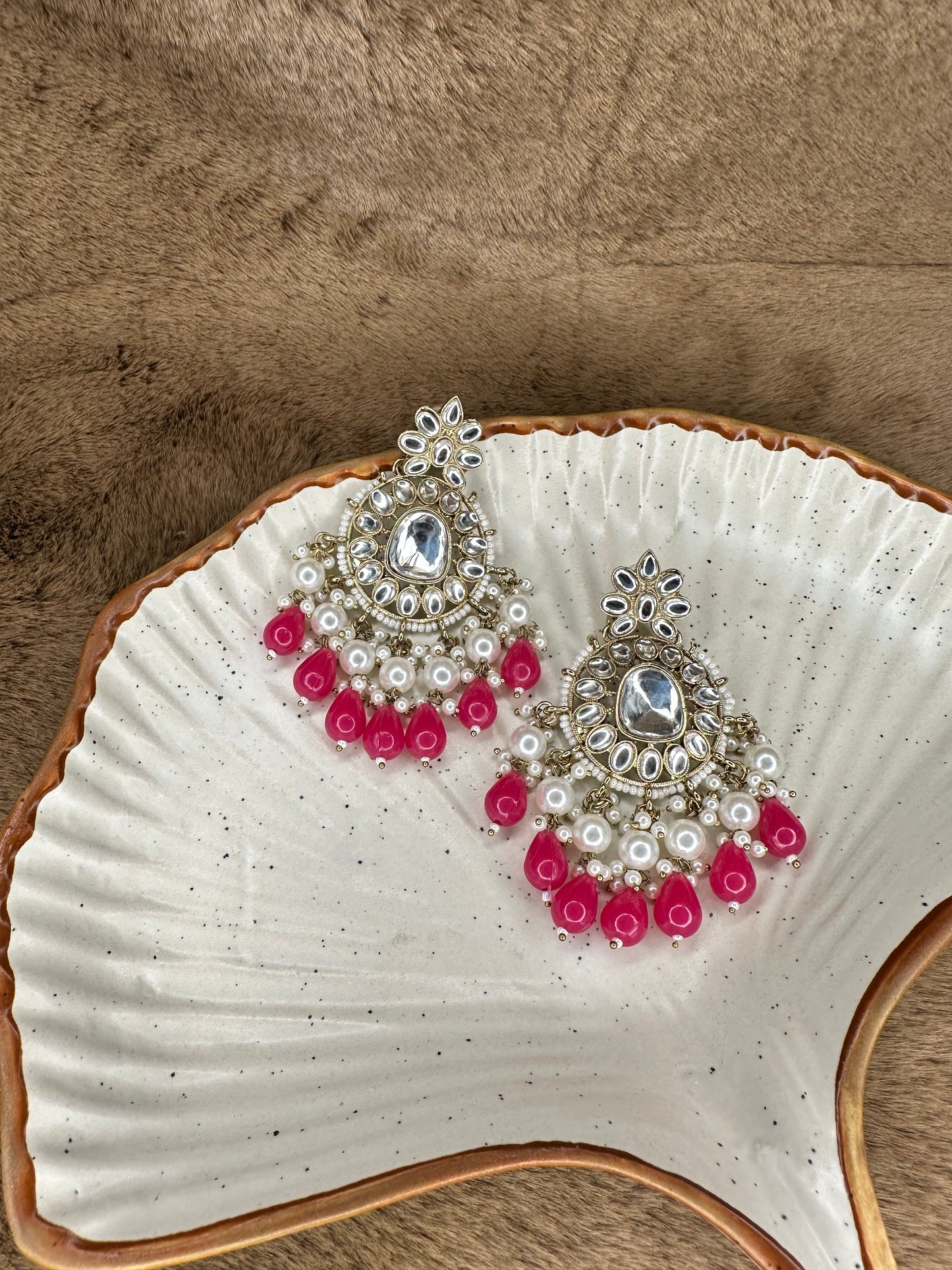 Side View of HeyBae Magenta Bead & Pearl Kundan Earrings with Intricate Craftsmanship