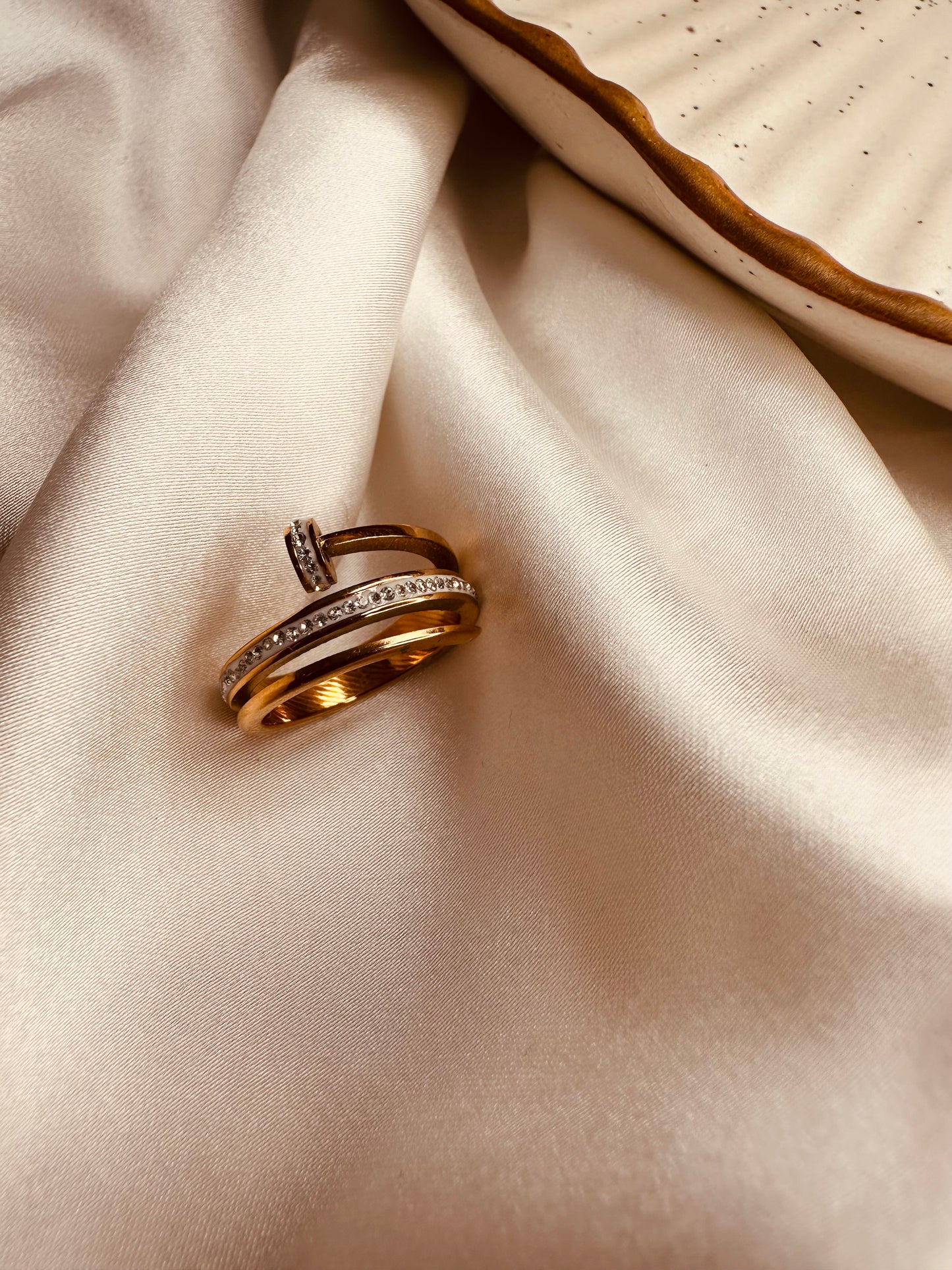 Modern nail style rose gold plated ring with studded design – HeyBae