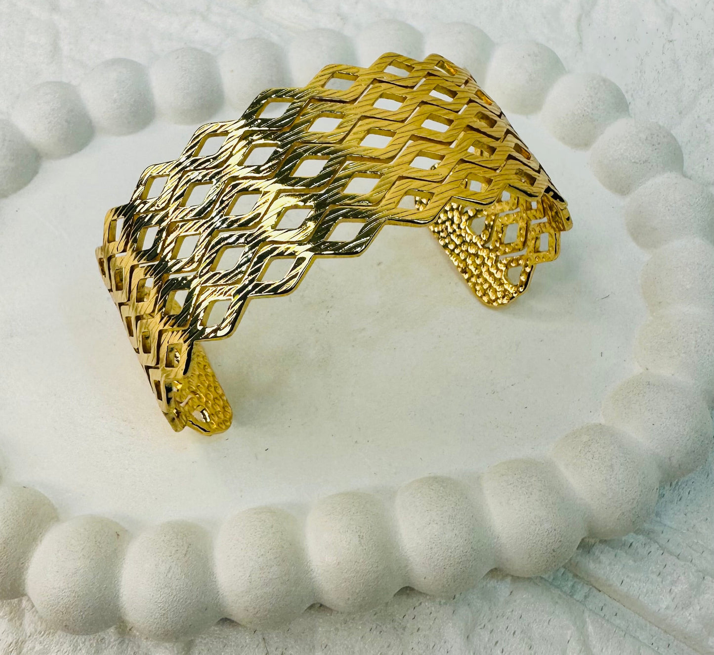 Statement gold cuff bangle with lattice pattern