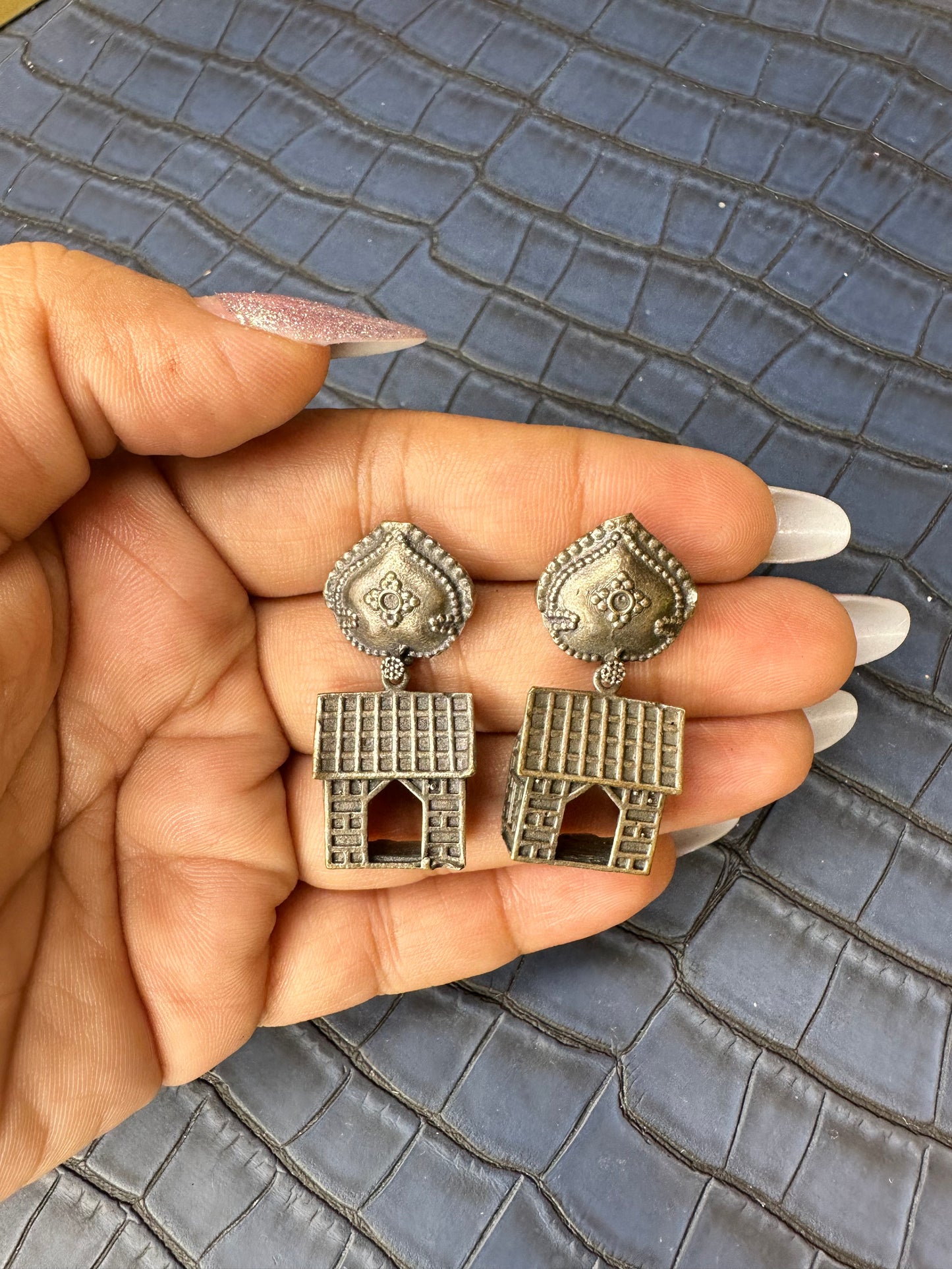 Close-up Detailing of HeyBae Oxidised Drop Earrings in Brass