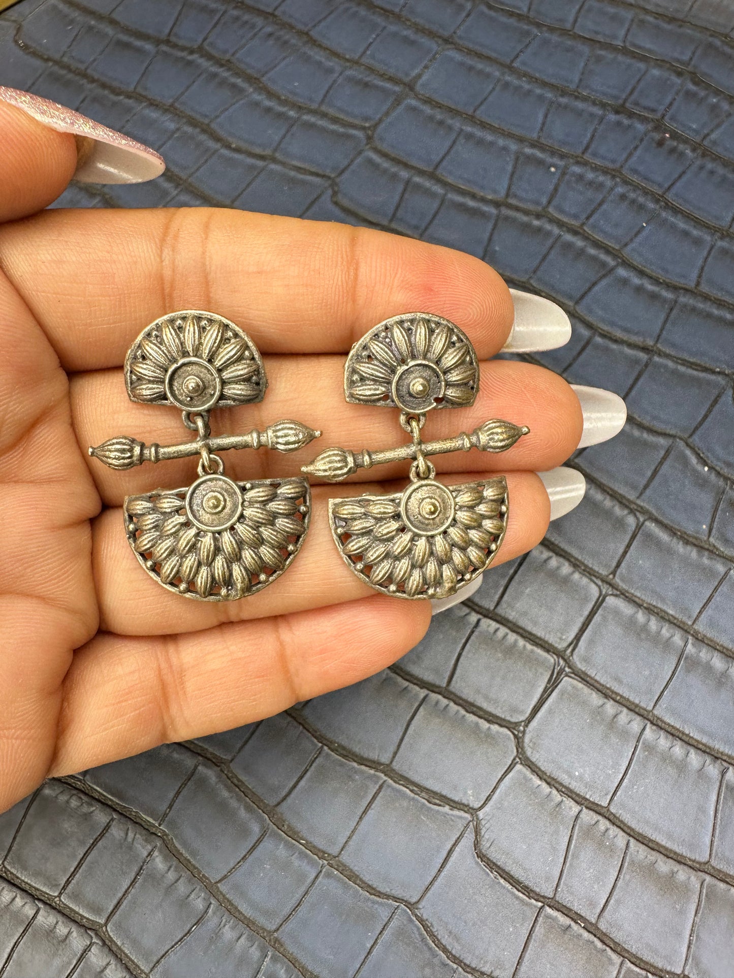 Fashion Shot of HeyBae Oxidised Brass Drop Earrings for Modern Women