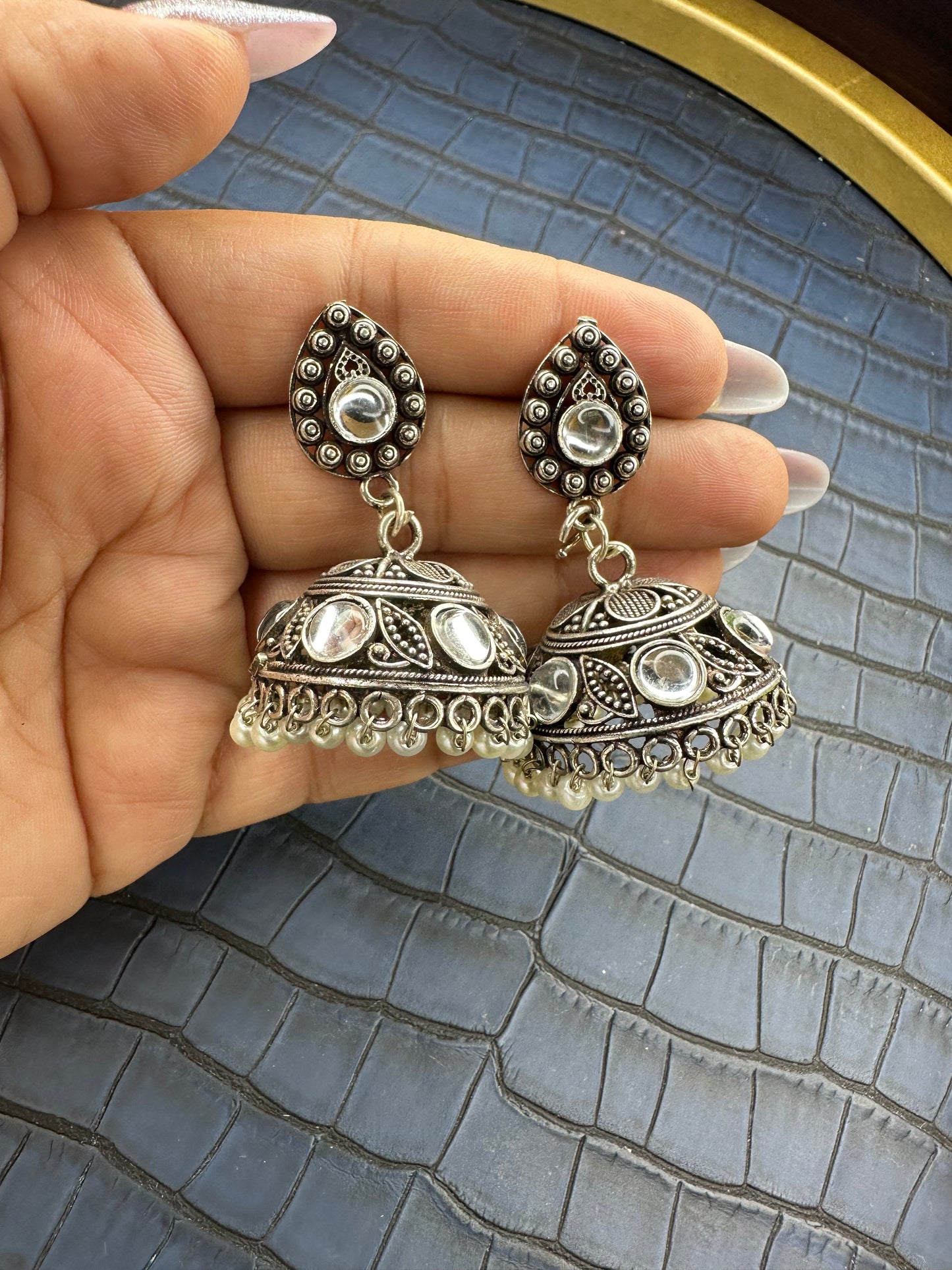 Model Wearing HeyBae Oxidised Kundan Jhumka Earrings for Women