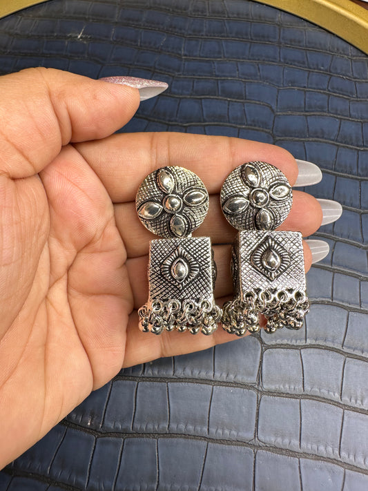 Side Look of HeyBae Oxidised Statement Earrings with Stone Details